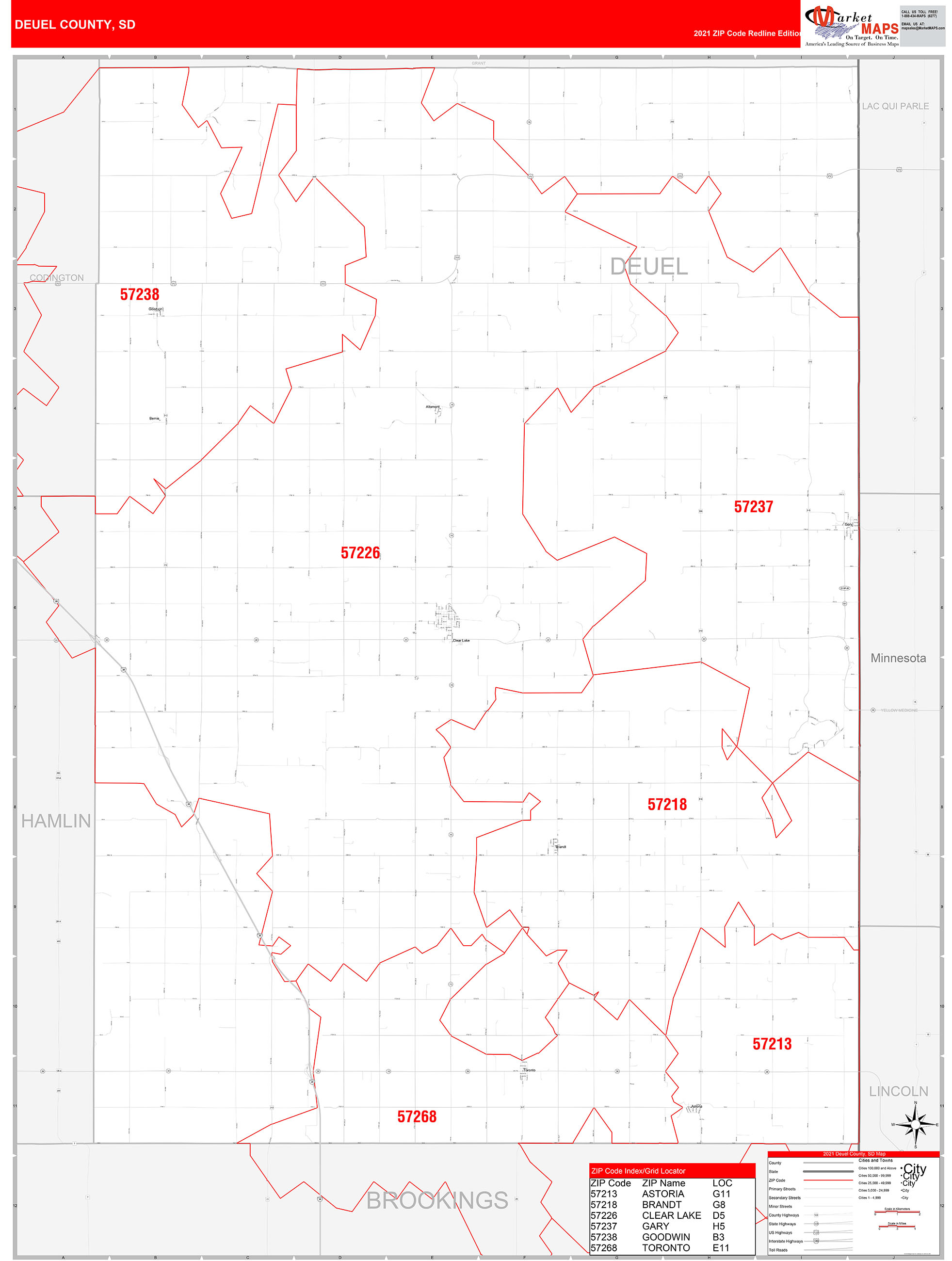Deuel County, SD Zip Code Wall Map Red Line Style by MarketMAPS MapSales