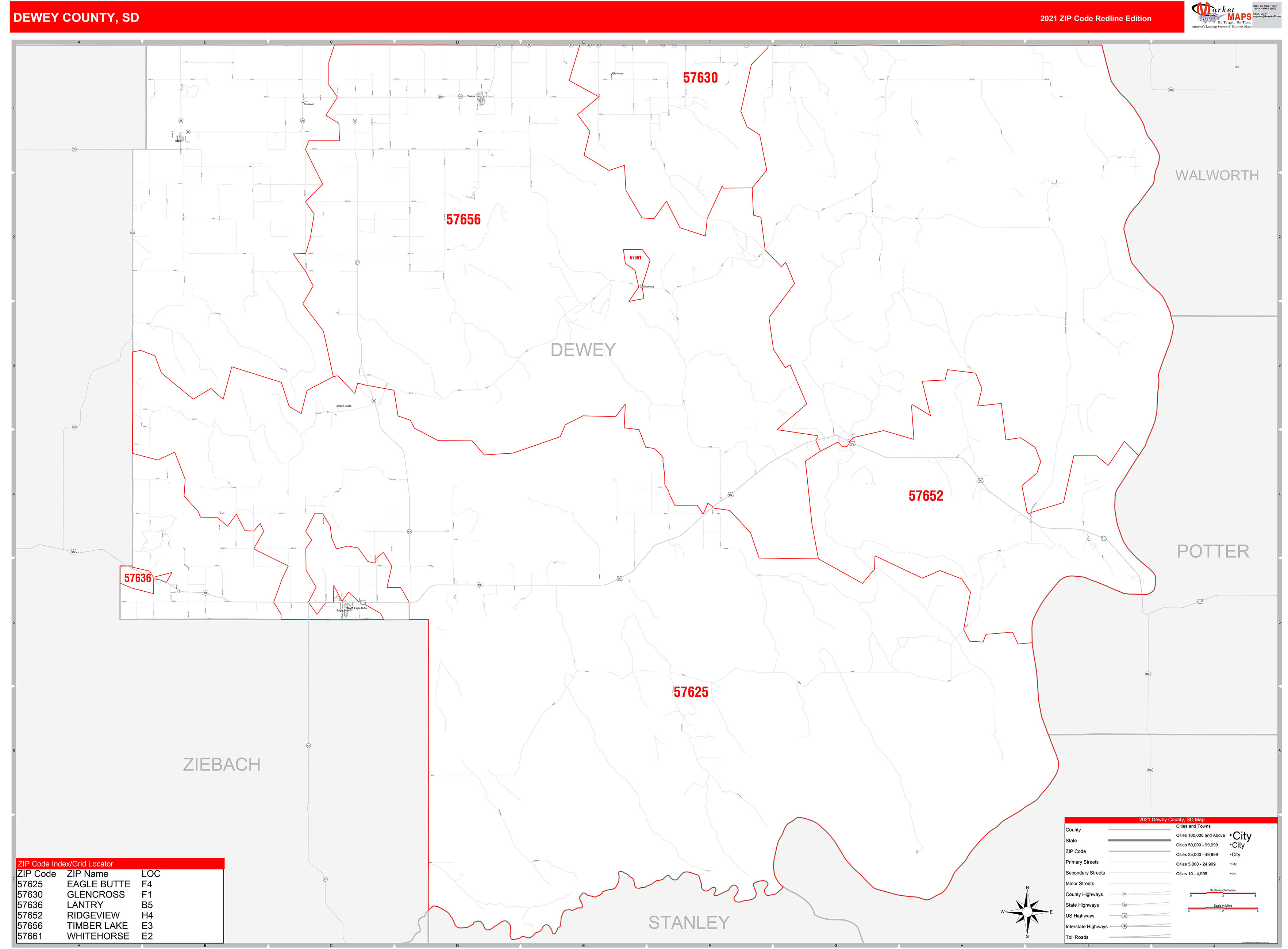 Dewey County, SD Zip Code Wall Map Red Line Style by MarketMAPS