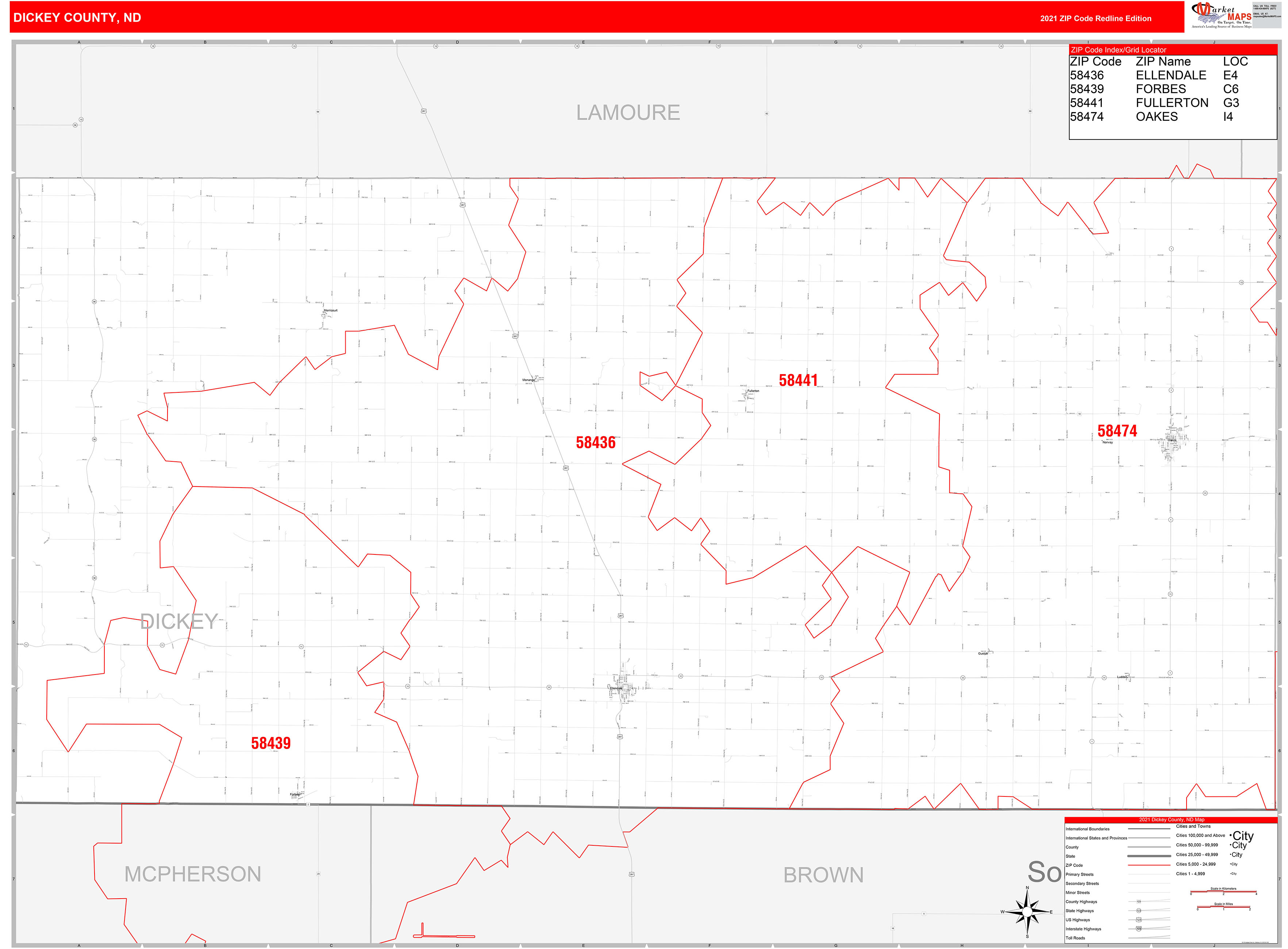 Dickey County, ND Zip Code Wall Map Red Line Style by MarketMAPS