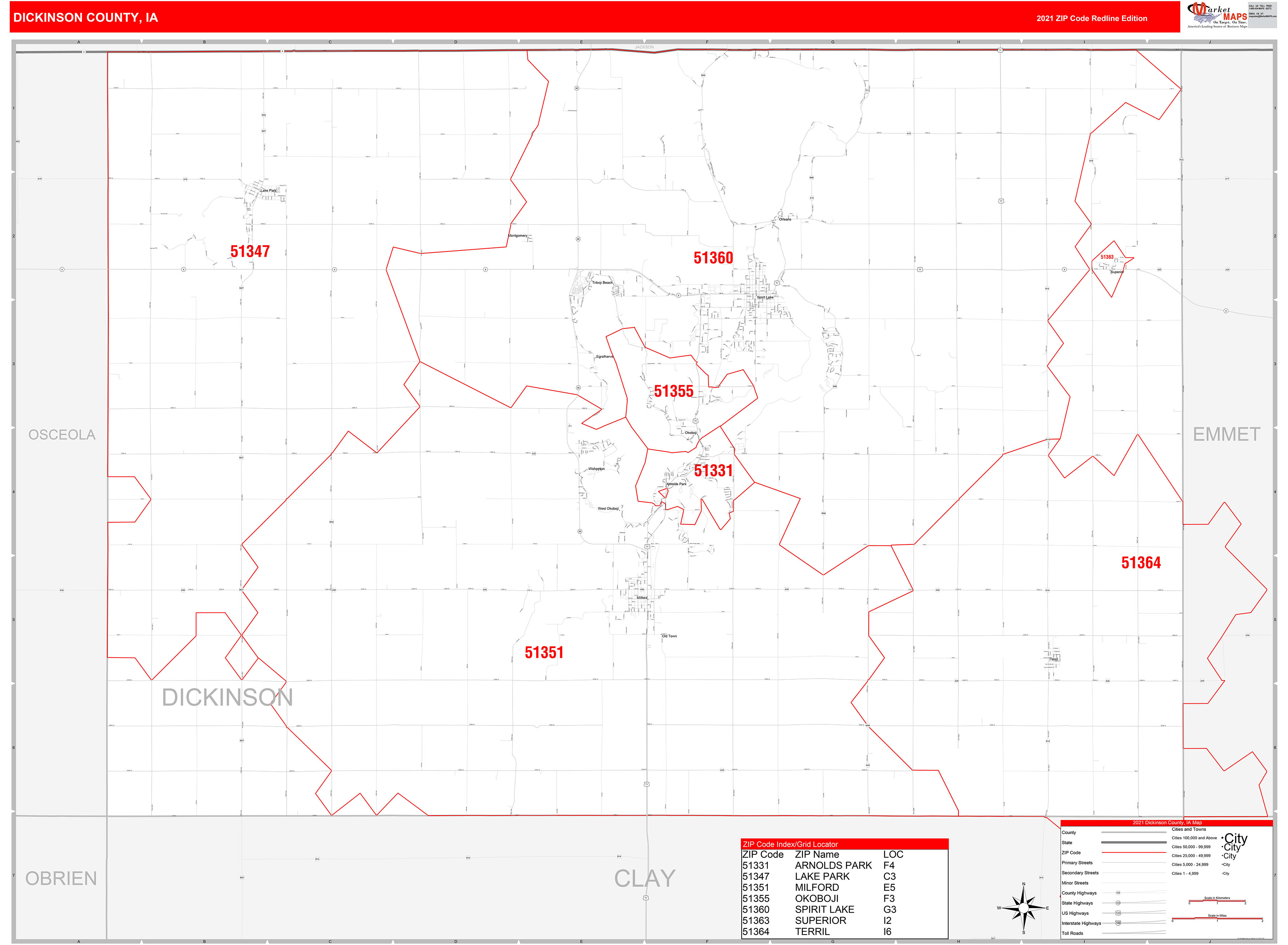 Dickinson County, IA Zip Code Wall Map Red Line Style by MarketMAPS