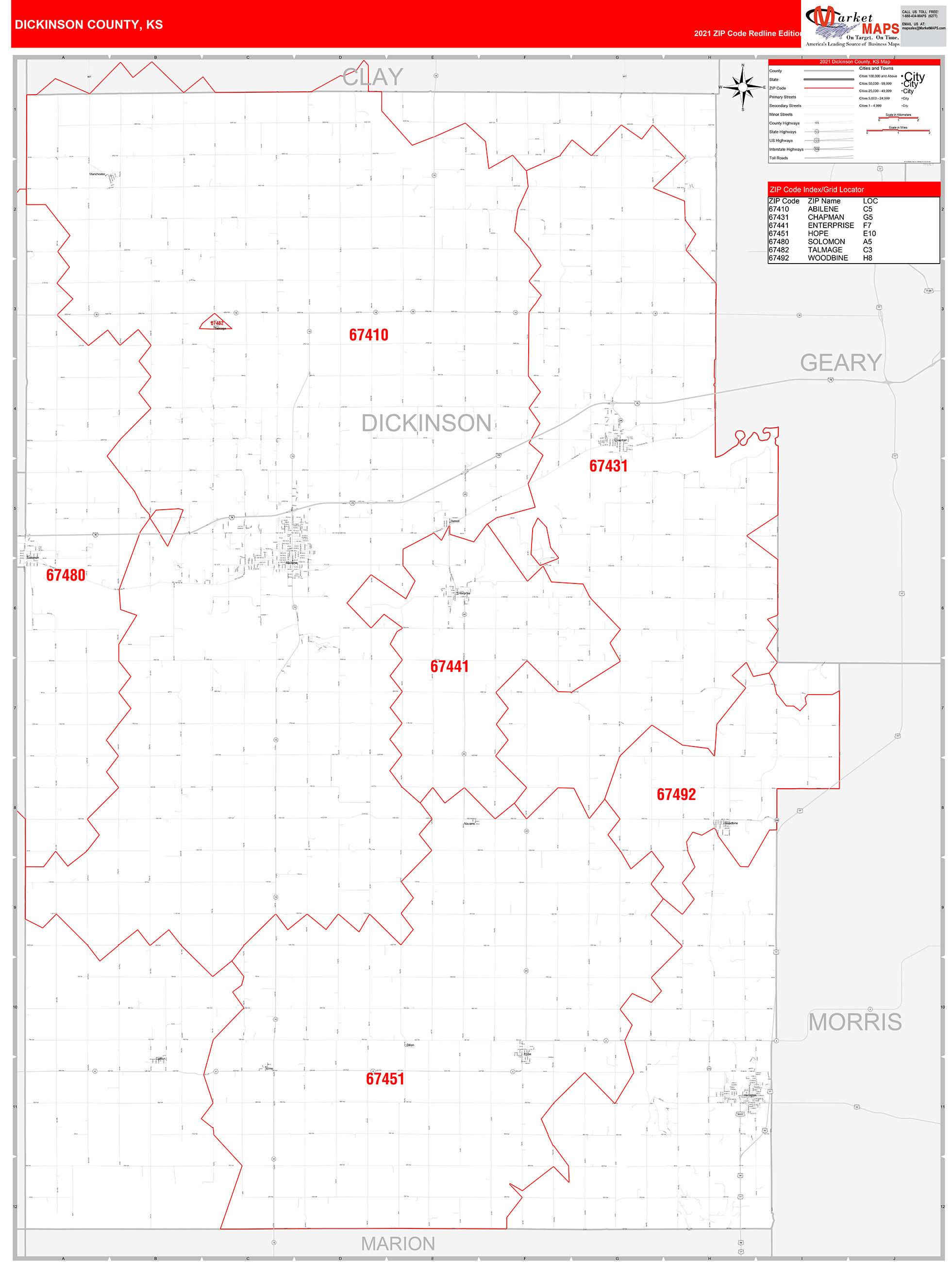 Dickinson County, KS Zip Code Wall Map Red Line Style by MarketMAPS