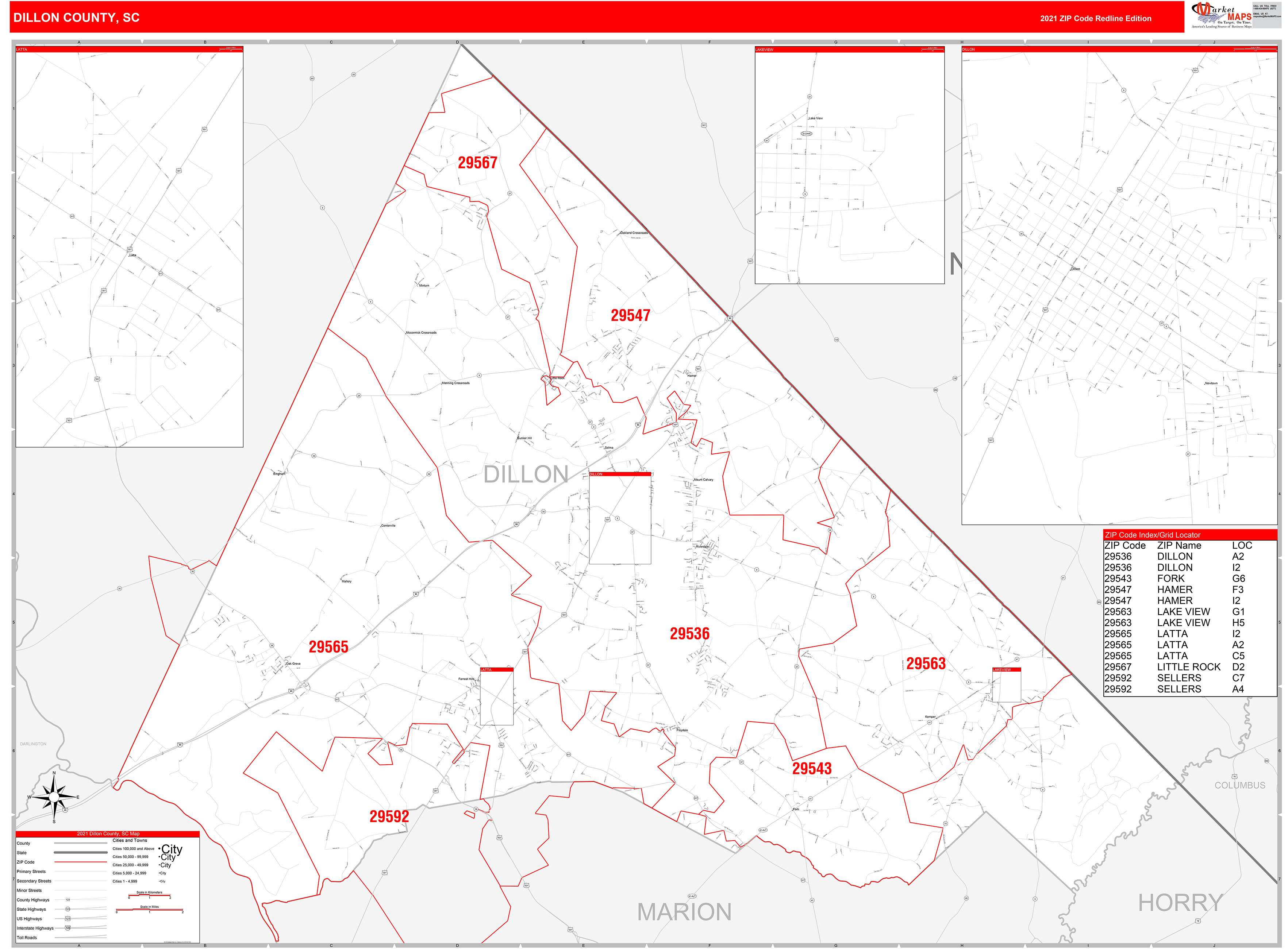 Dillon County, SC Zip Code Wall Map Red Line Style by MarketMAPS MapSales