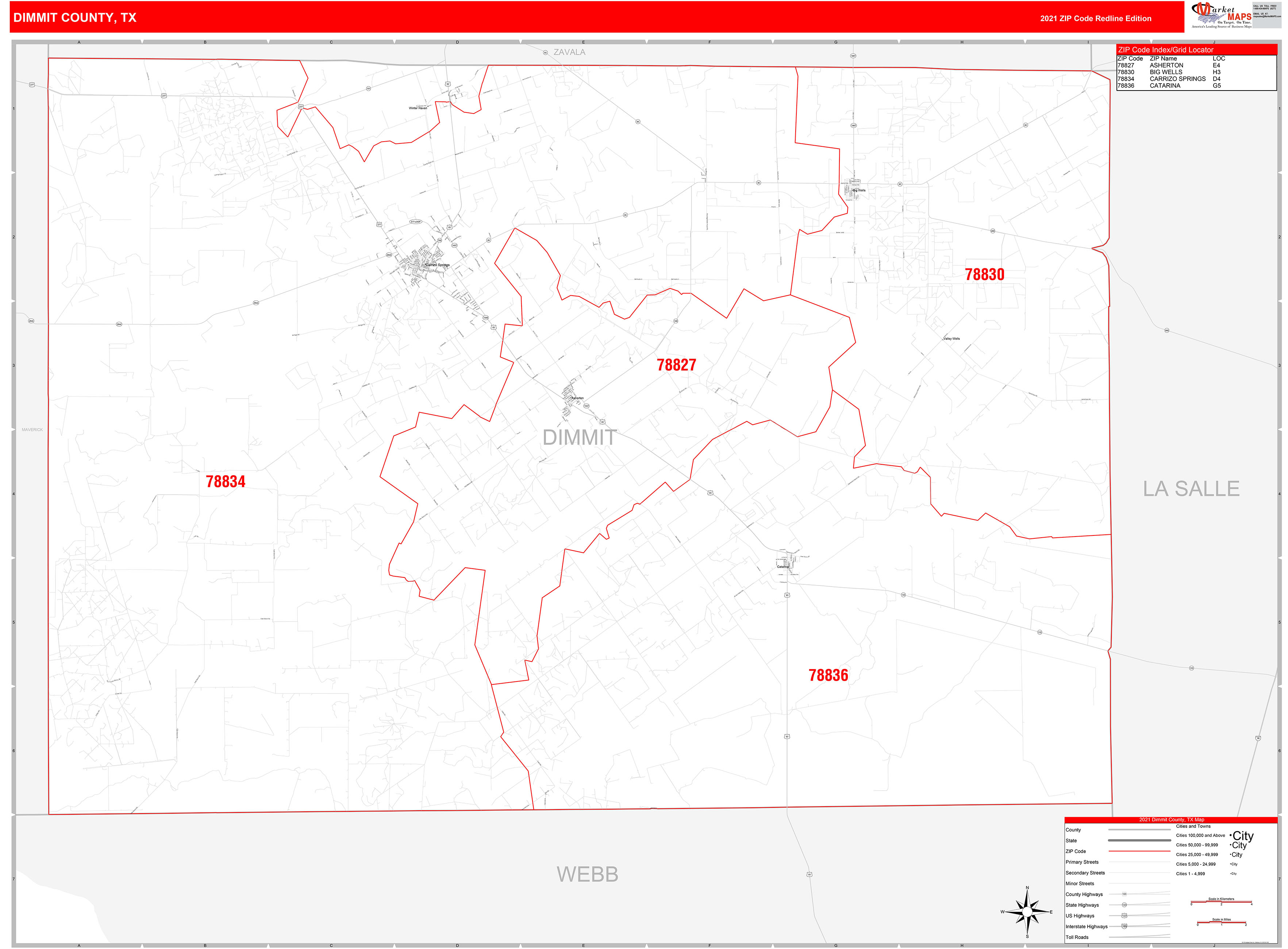 Dimmit County, TX Zip Code Wall Map Red Line Style by MarketMAPS