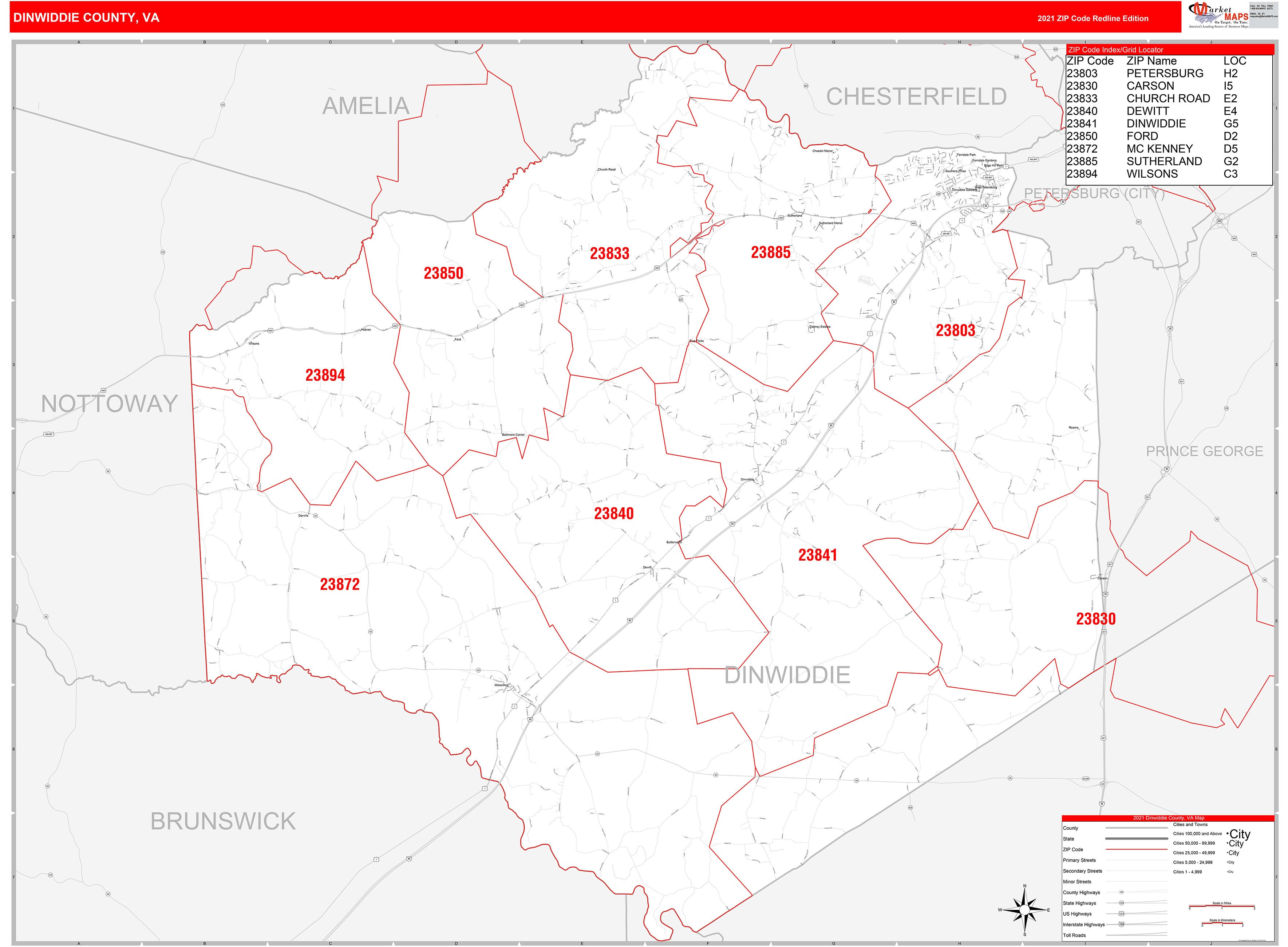Dinwiddie County, VA Zip Code Wall Map Red Line Style by MarketMAPS MapSales