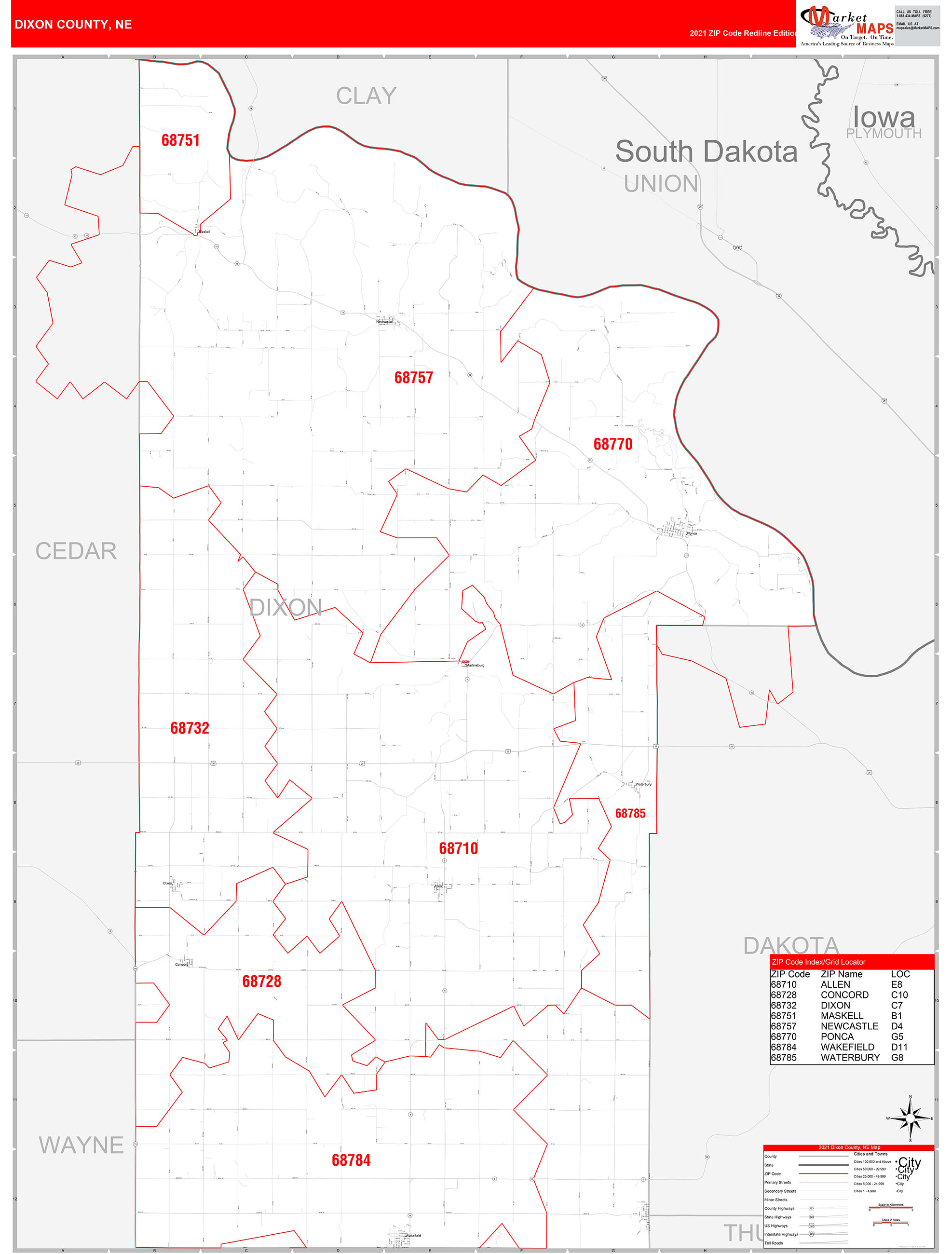 Dixon County, NE Zip Code Wall Map Red Line Style by MarketMAPS MapSales
