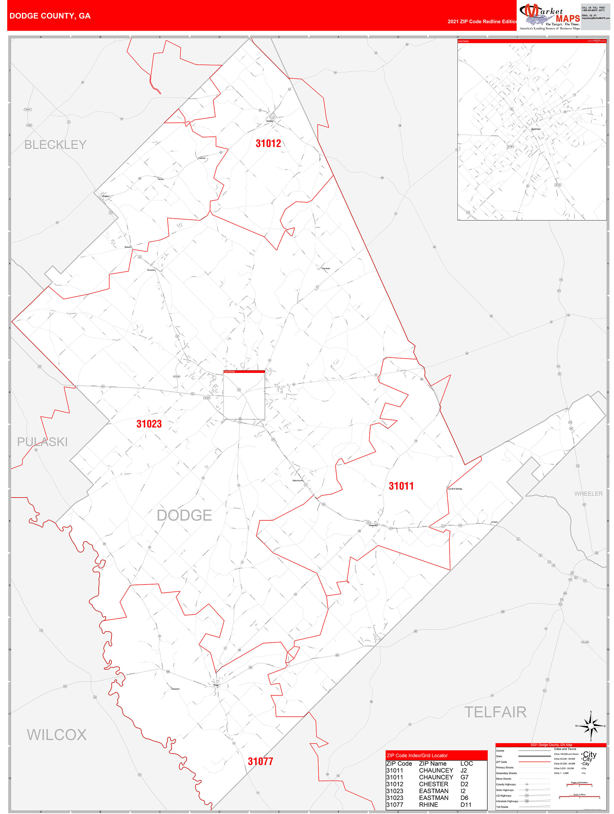 Dodge County, GA Zip Code Wall Map Red Line Style by MarketMAPS