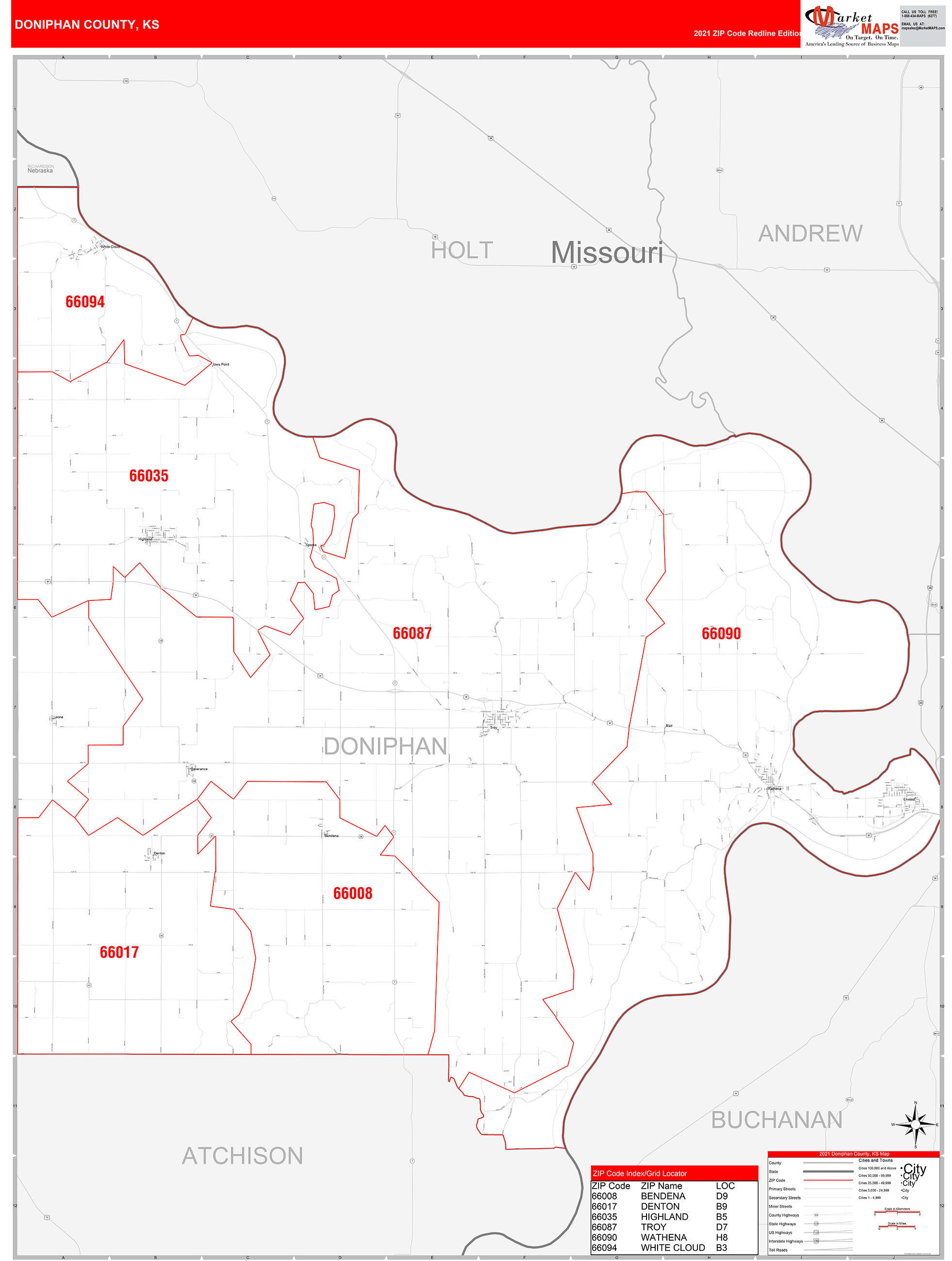 Doniphan County, KS Zip Code Wall Map Red Line Style by MarketMAPS