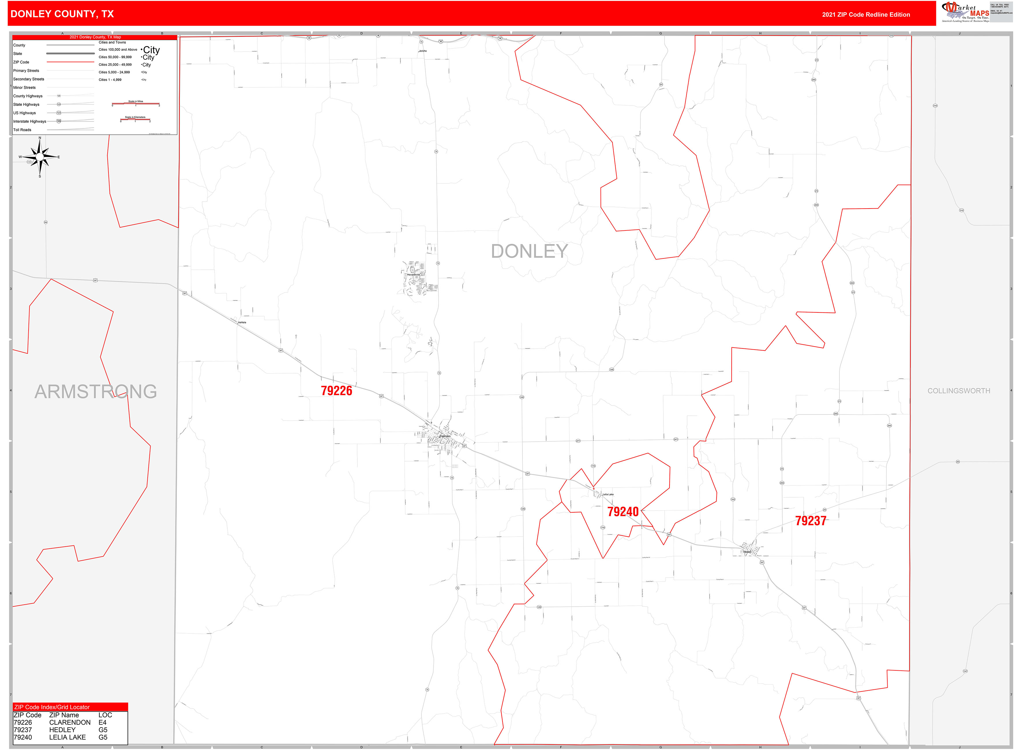 Donley County, TX Zip Code Wall Map Red Line Style by MarketMAPS