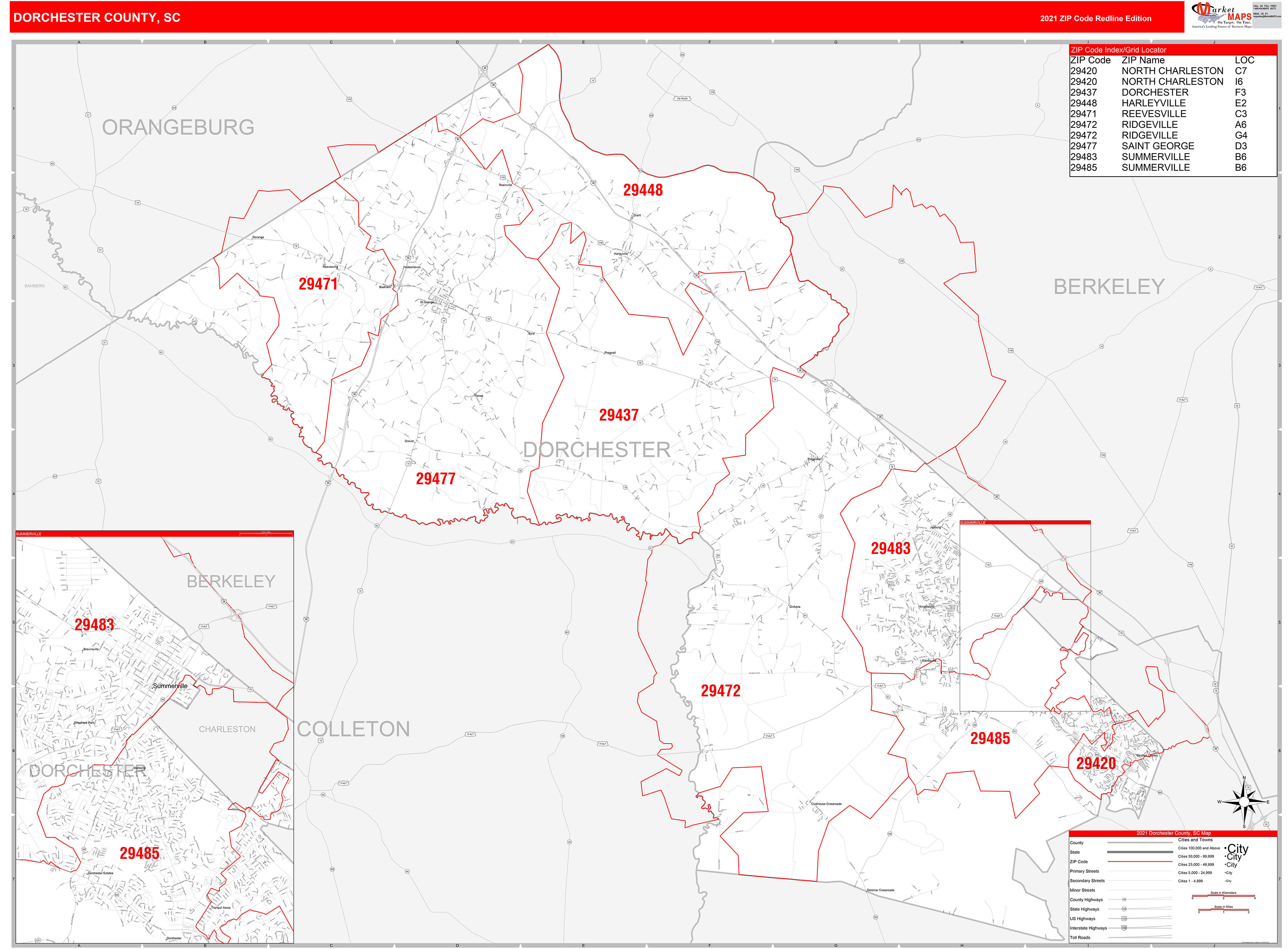 Dorchester County, SC Zip Code Wall Map Red Line Style by MarketMAPS