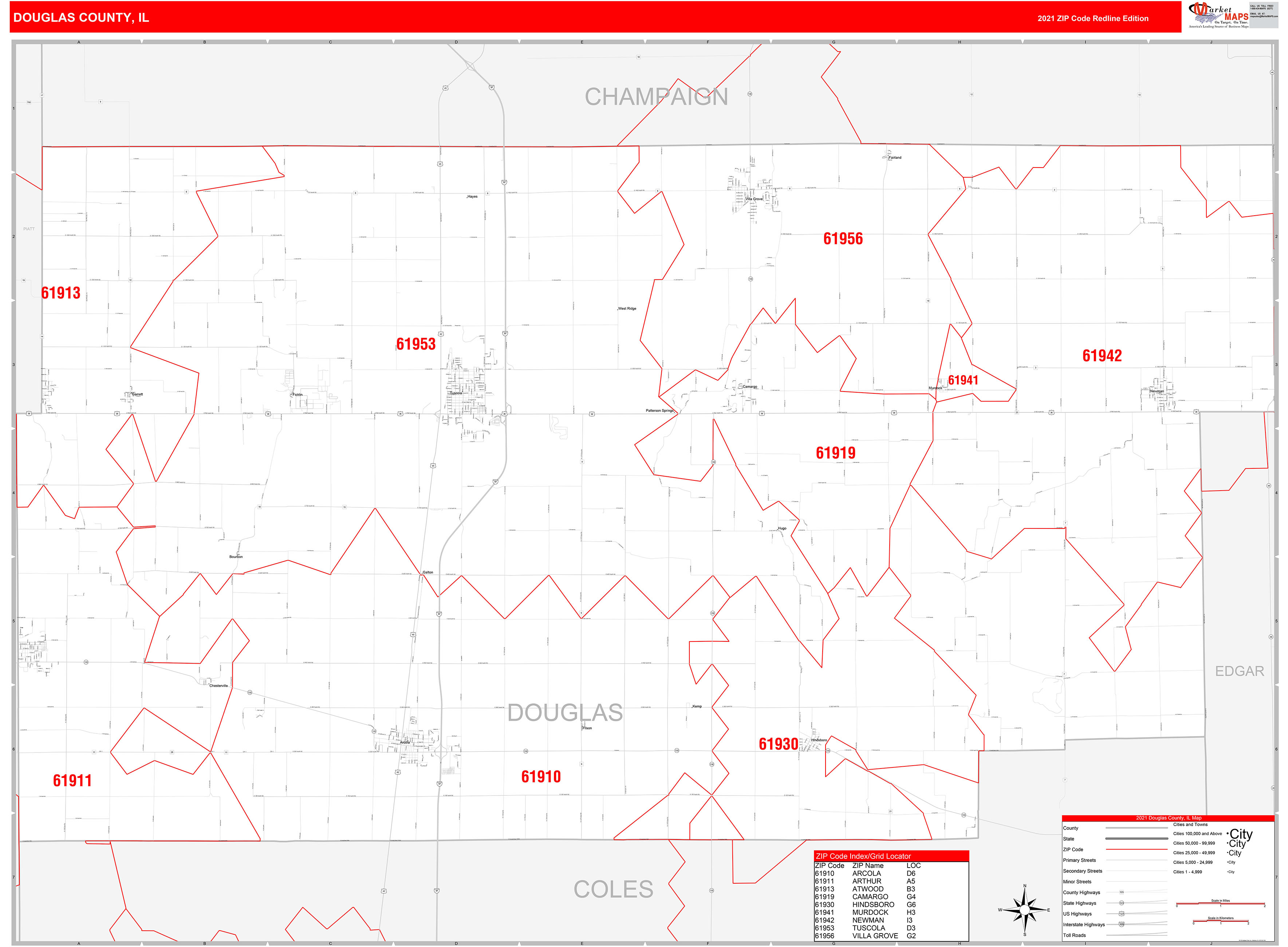 Douglas County, IL Zip Code Wall Map Red Line Style by MarketMAPS