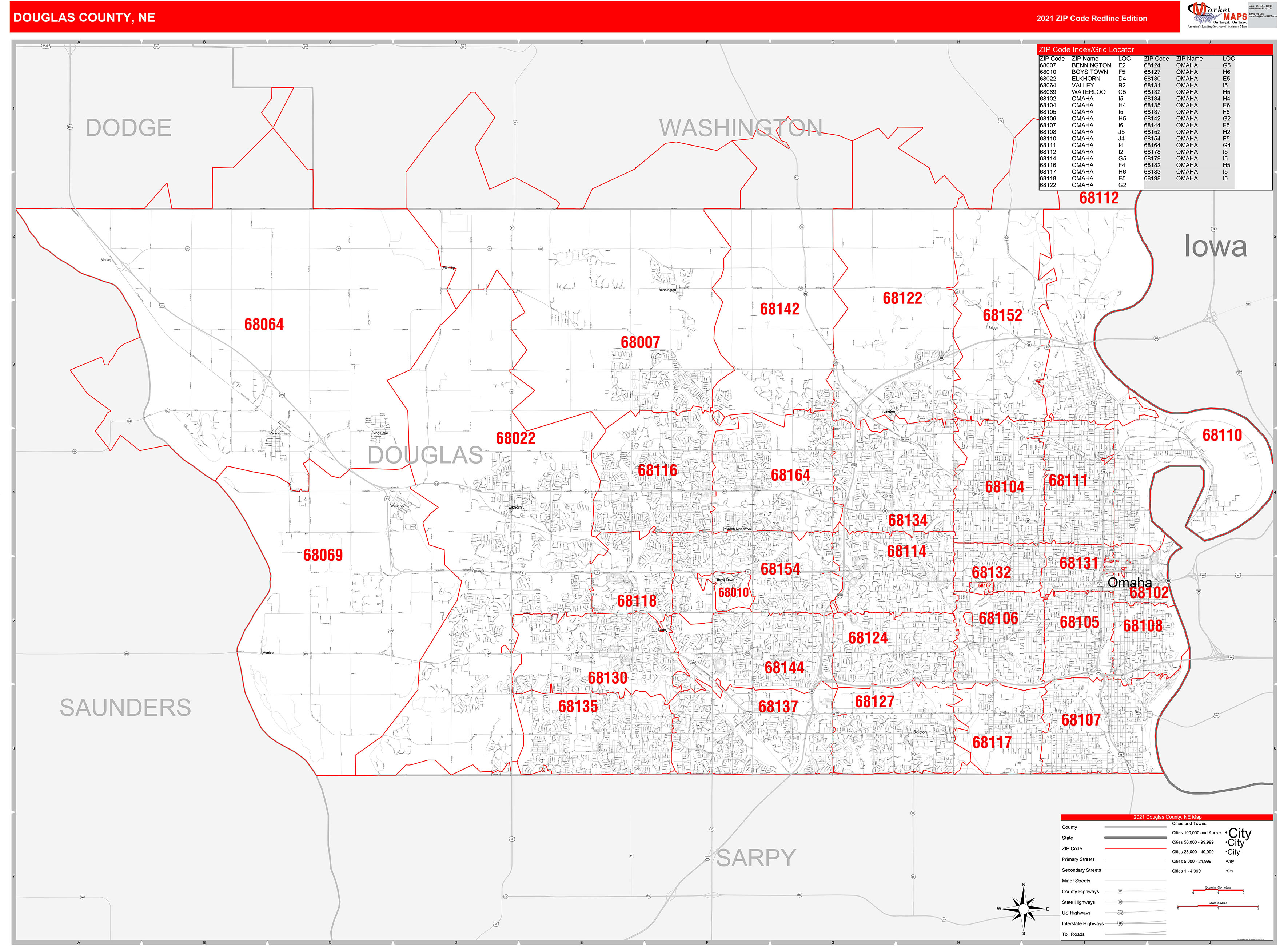 Douglas County Ne Zip Code Wall Map Red Line Style By Marketmaps