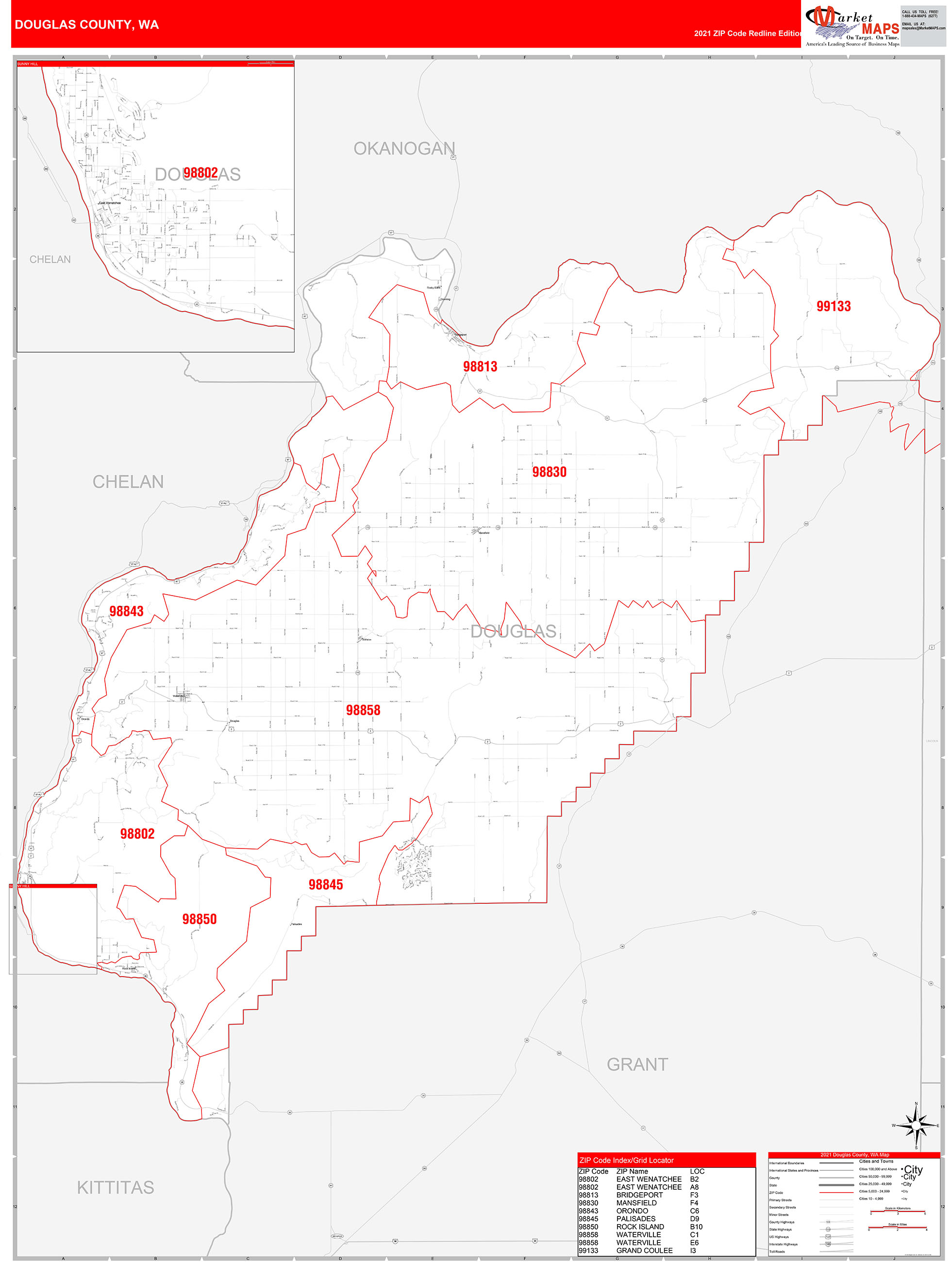 Douglas County, WA Zip Code Wall Map Red Line Style by MarketMAPS