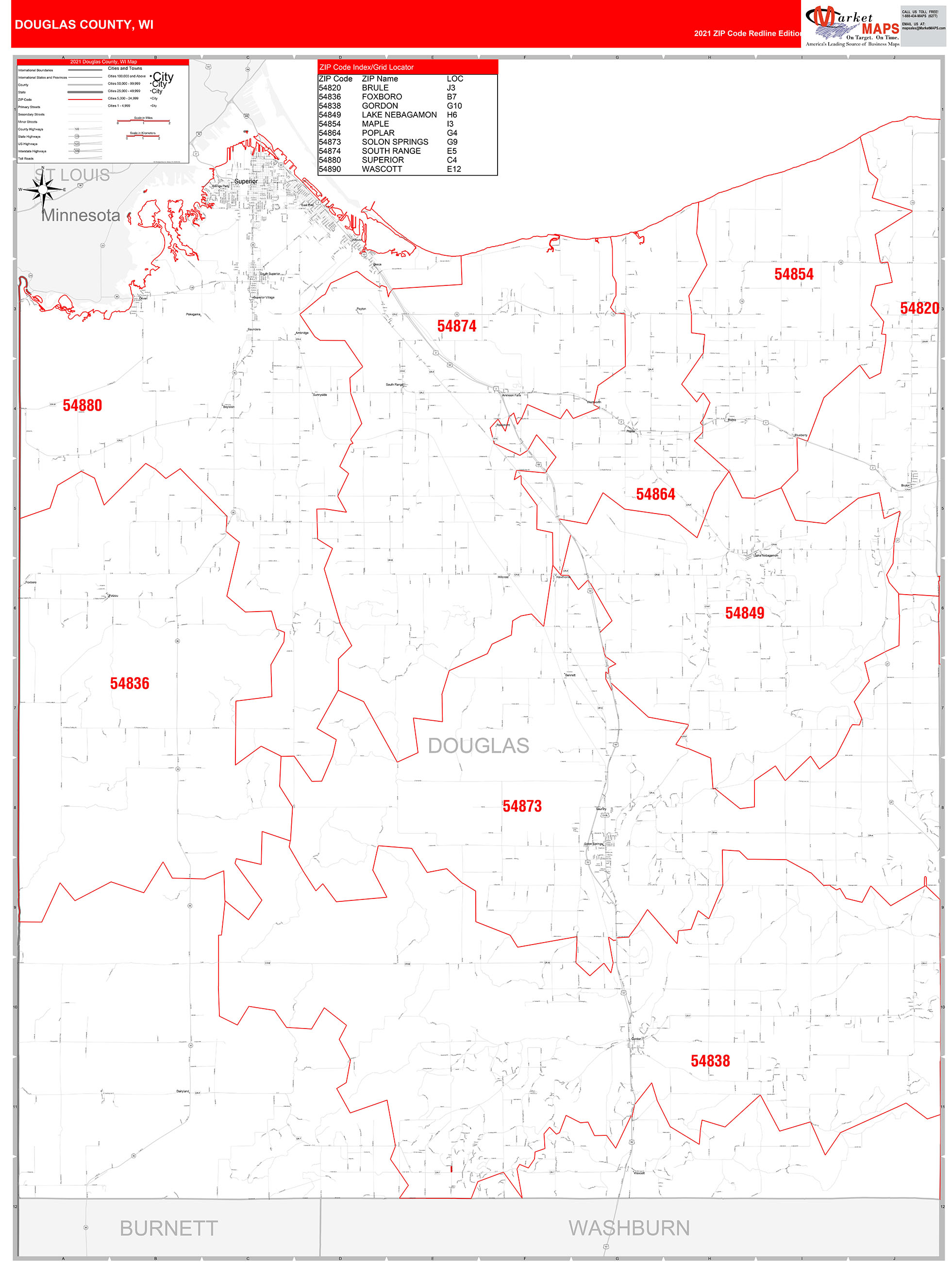 Douglas County, WI Zip Code Wall Map Red Line Style by MarketMAPS