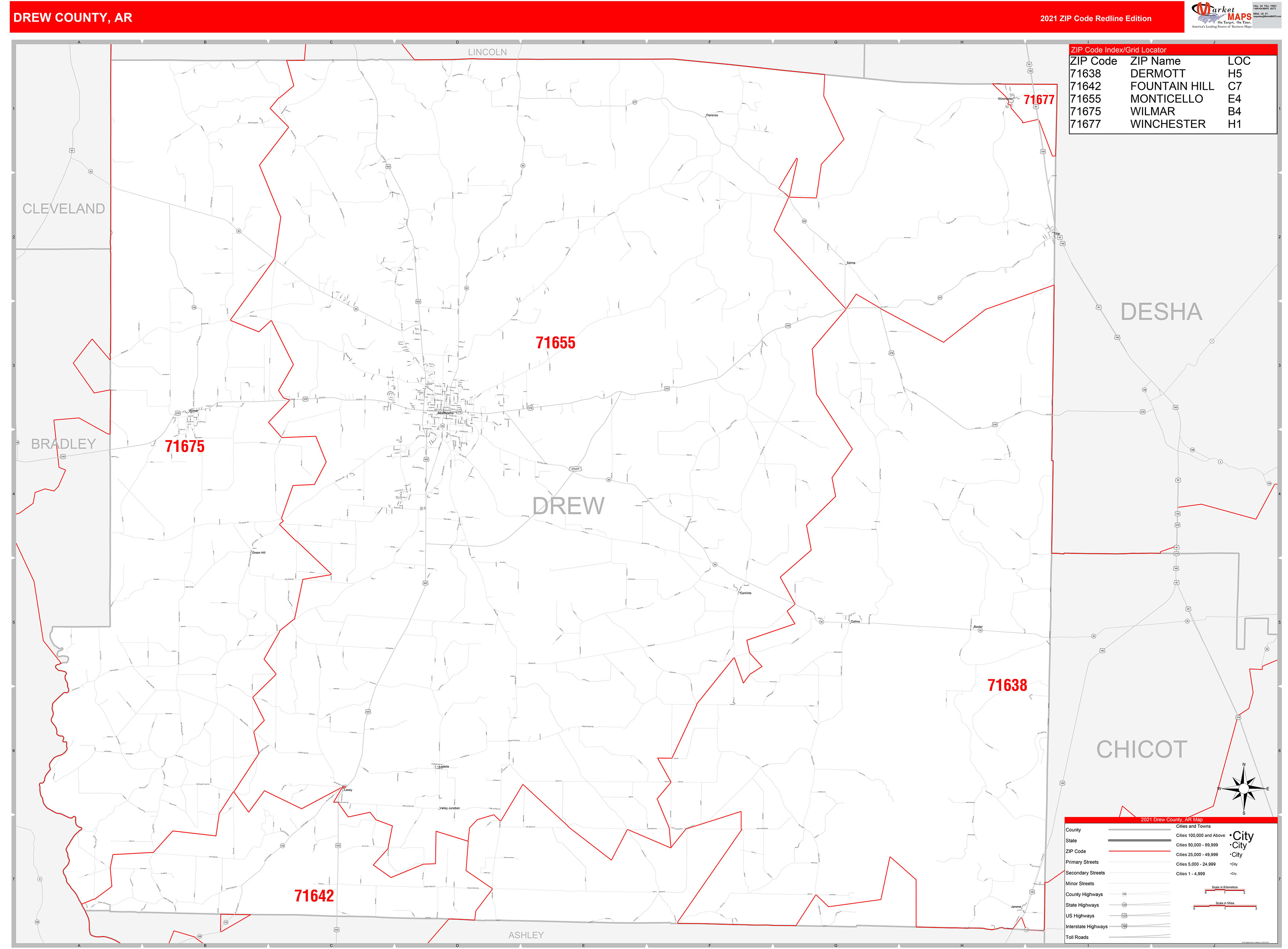 Drew County, AR Zip Code Wall Map Red Line Style by MarketMAPS MapSales