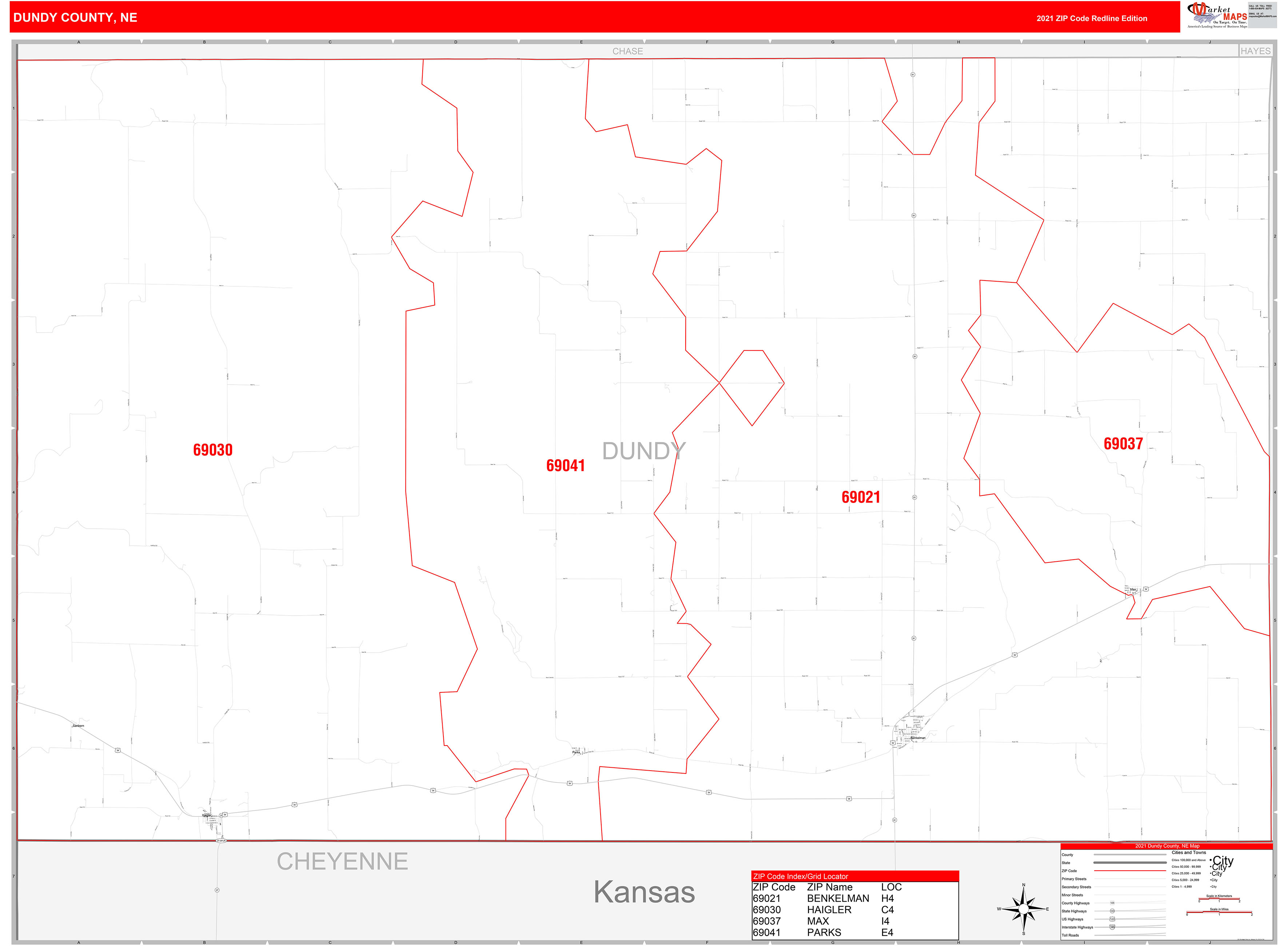 Dundy County, NE Zip Code Wall Map Red Line Style by MarketMAPS