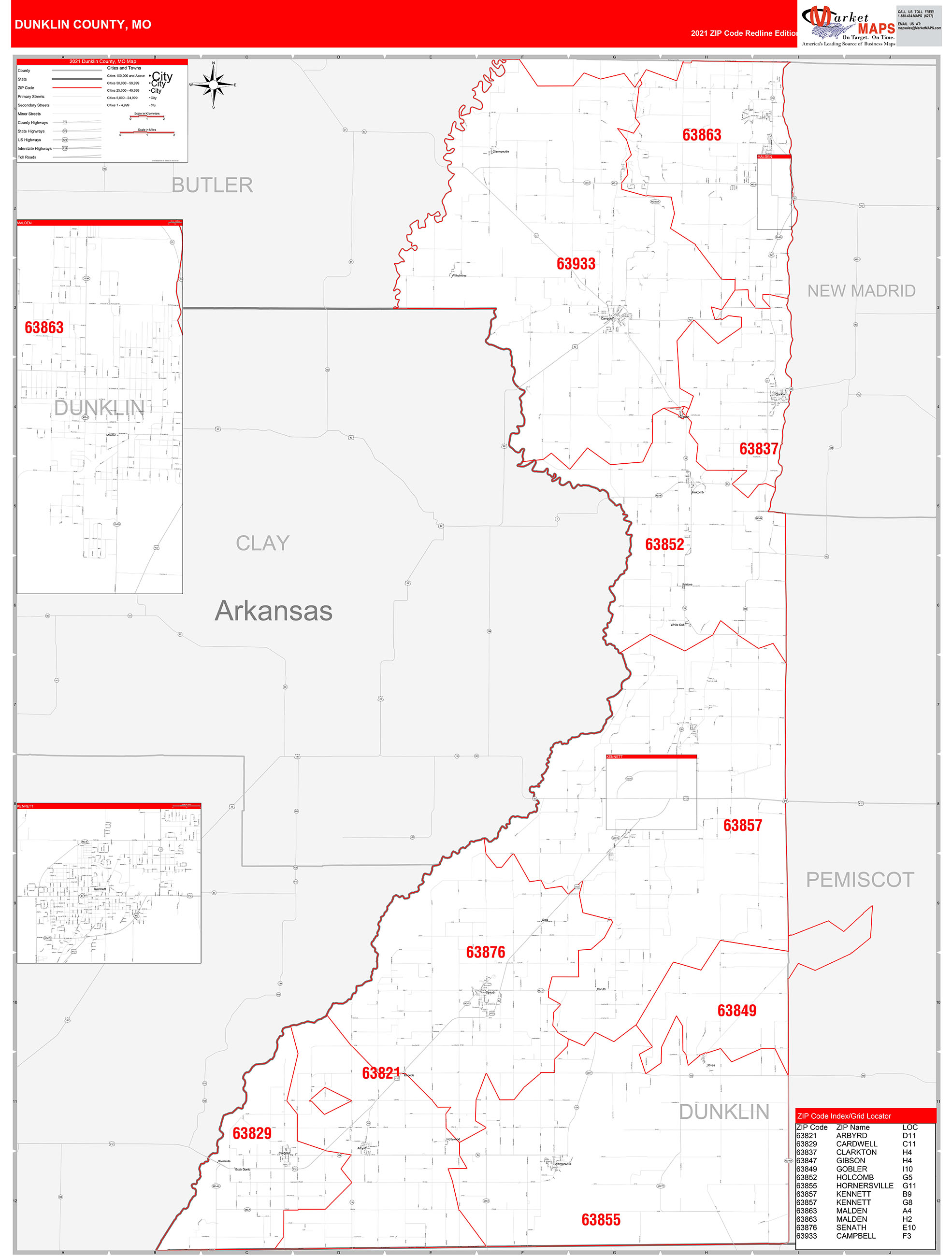Dunklin County, MO Zip Code Wall Map Red Line Style by MarketMAPS