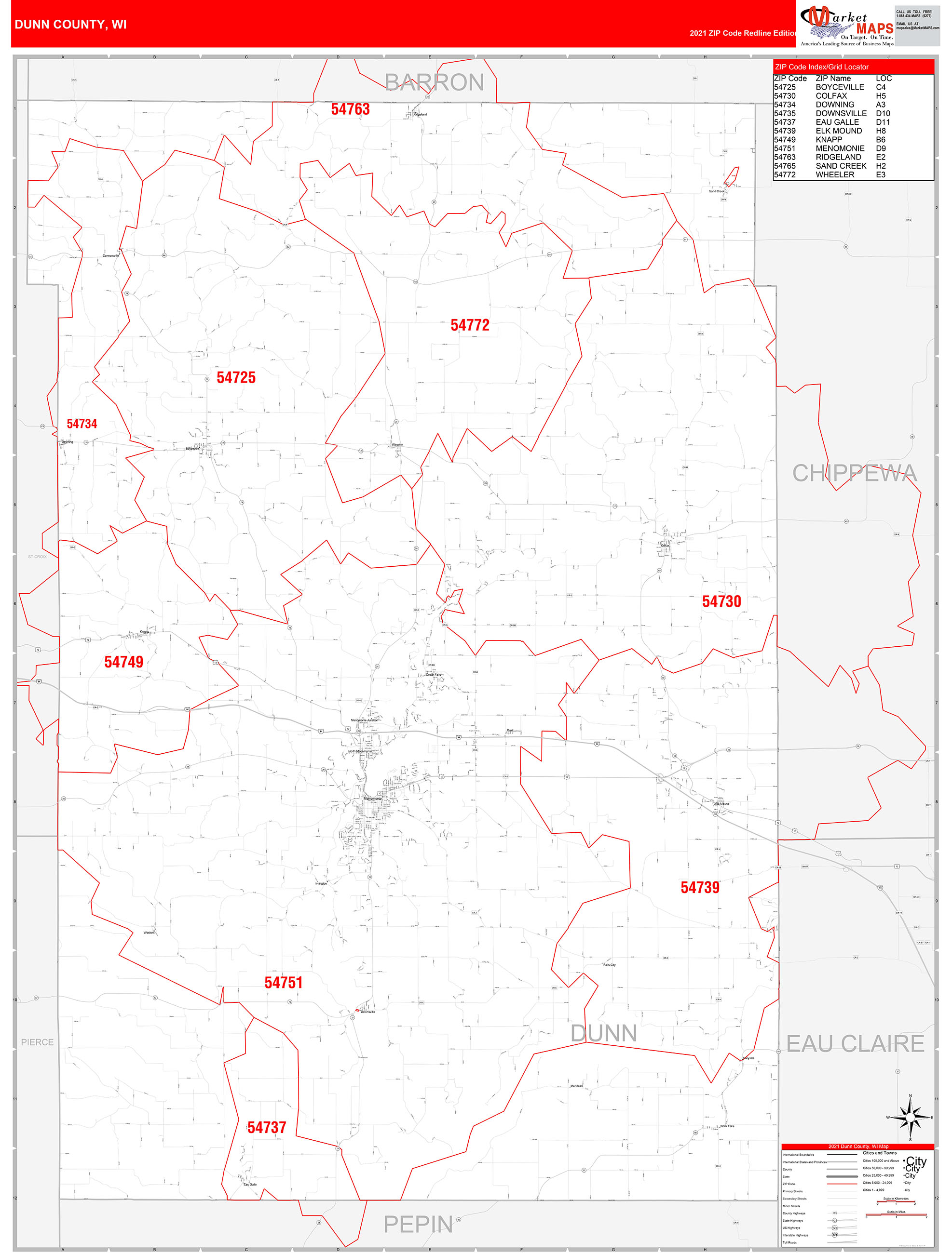 Dunn County, WI Zip Code Wall Map Red Line Style by MarketMAPS