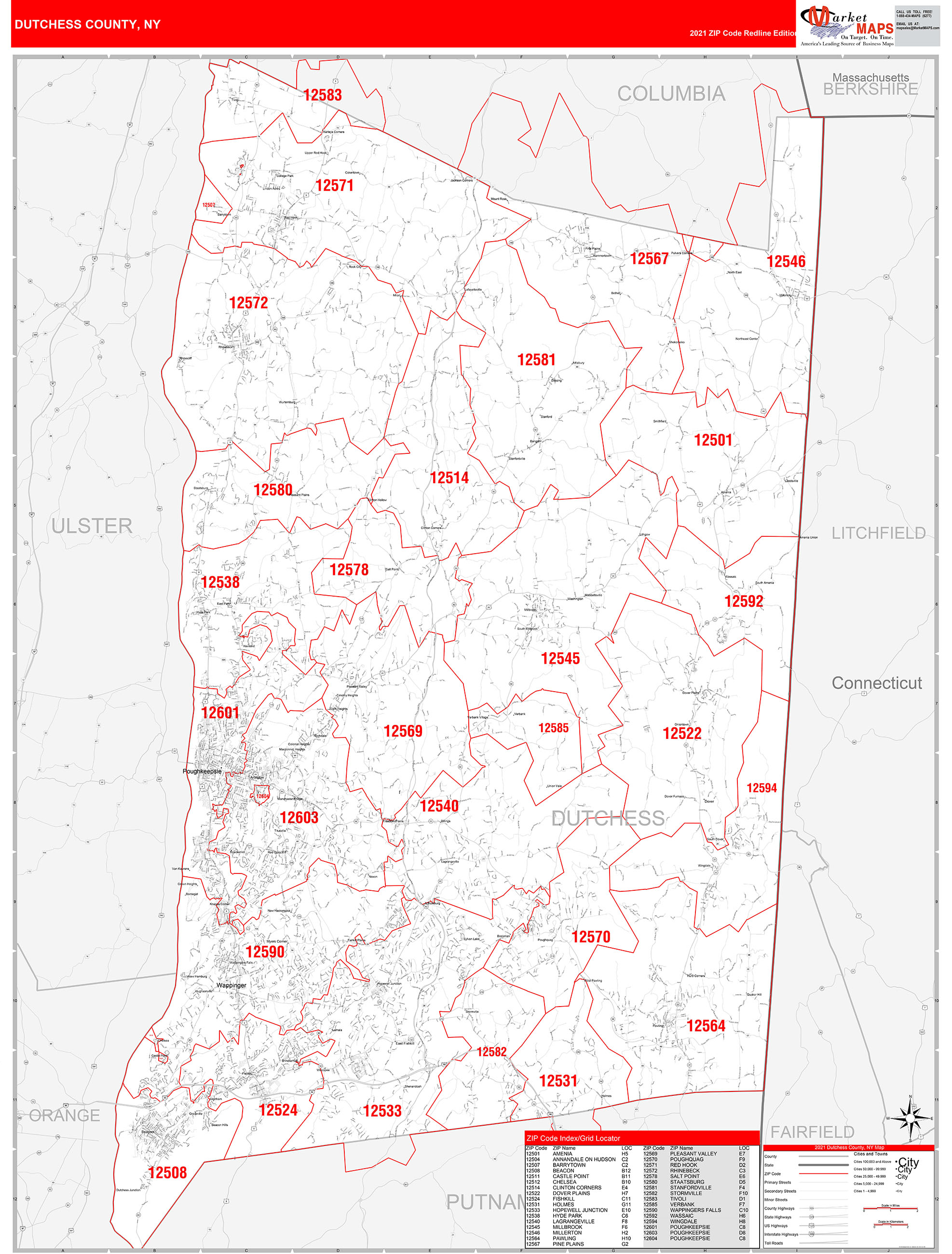 Dutchess County, NY Zip Code Wall Map Red Line Style by MarketMAPS