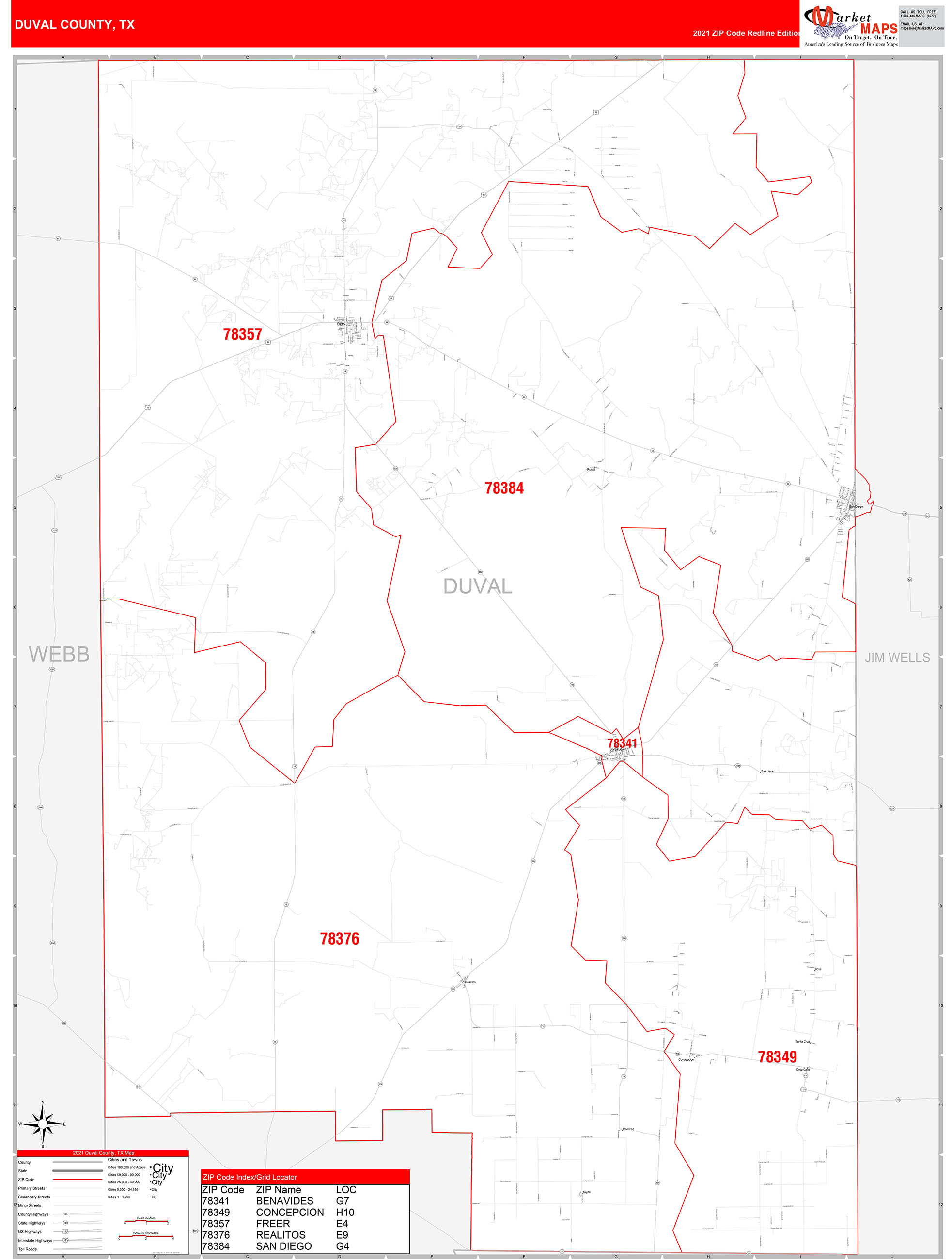 Duval County, TX Zip Code Wall Map Red Line Style by MarketMAPS MapSales