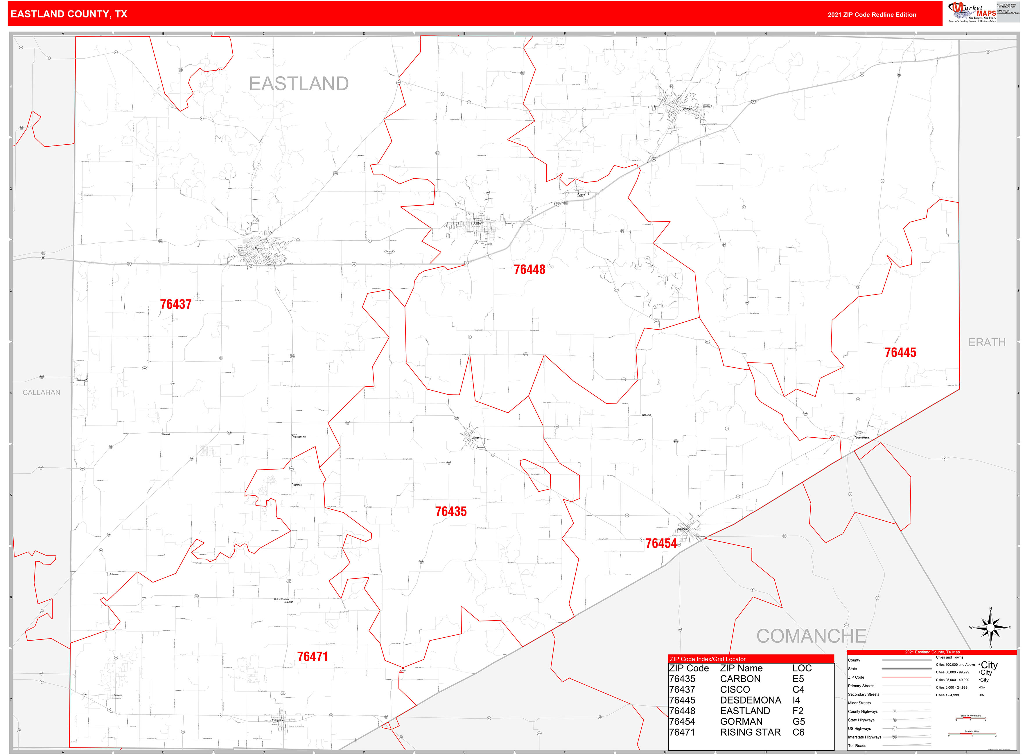 Eastland County Tx Zip Code Wall Map Red Line Style By Marketmaps
