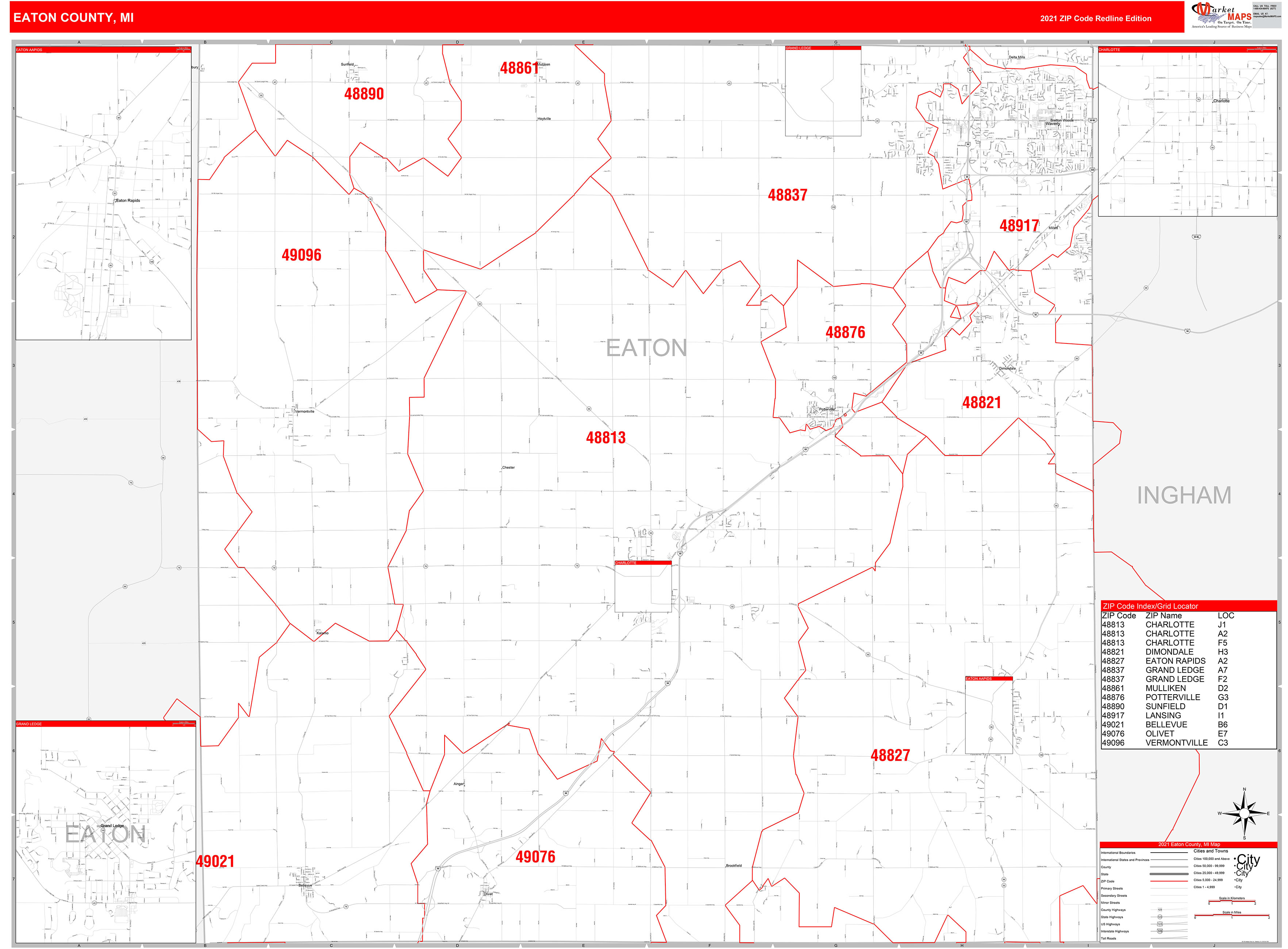 Eaton County, MI Zip Code Wall Map Red Line Style by MarketMAPS