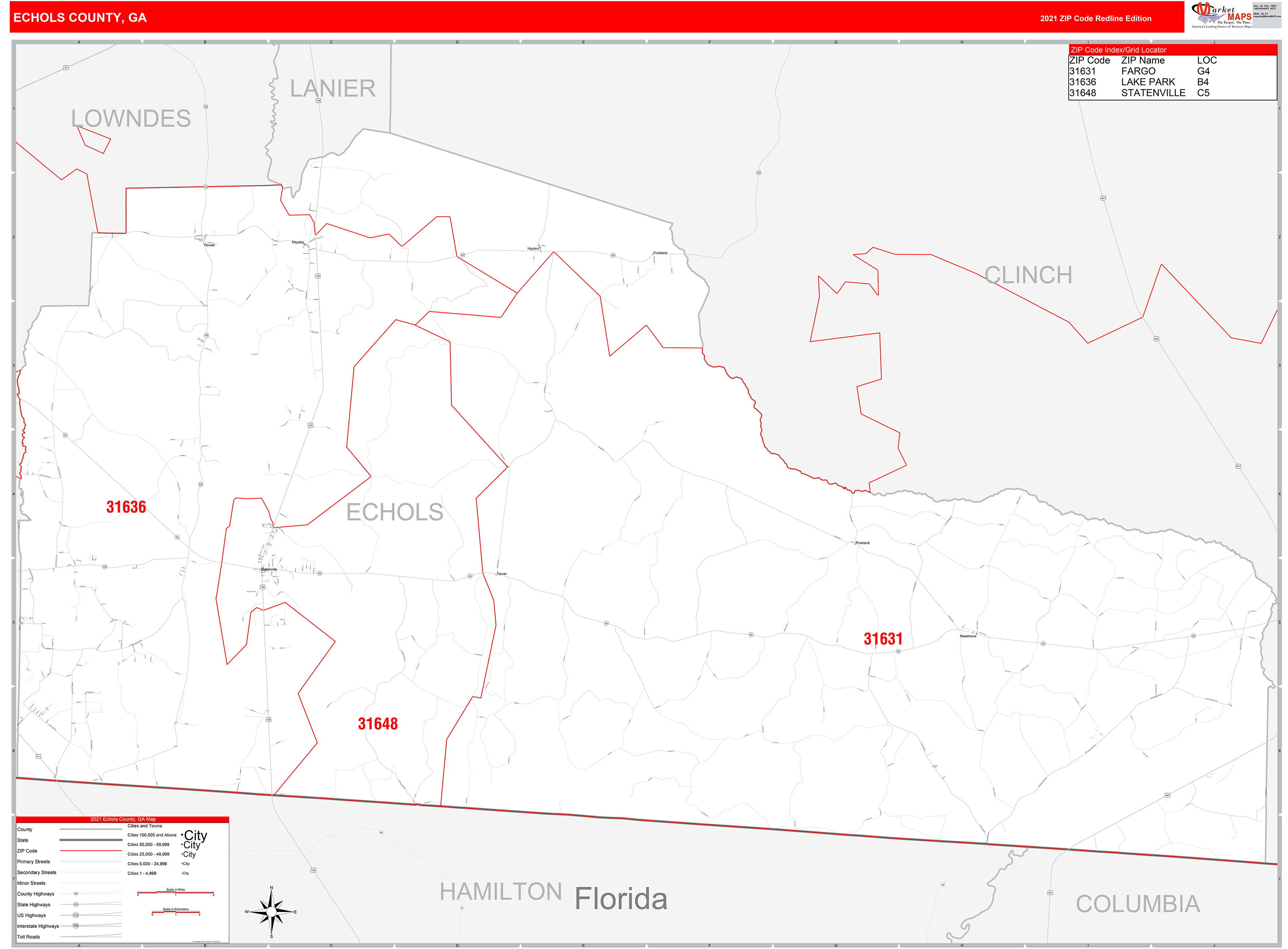Echols County, GA Zip Code Wall Map Red Line Style by MarketMAPS