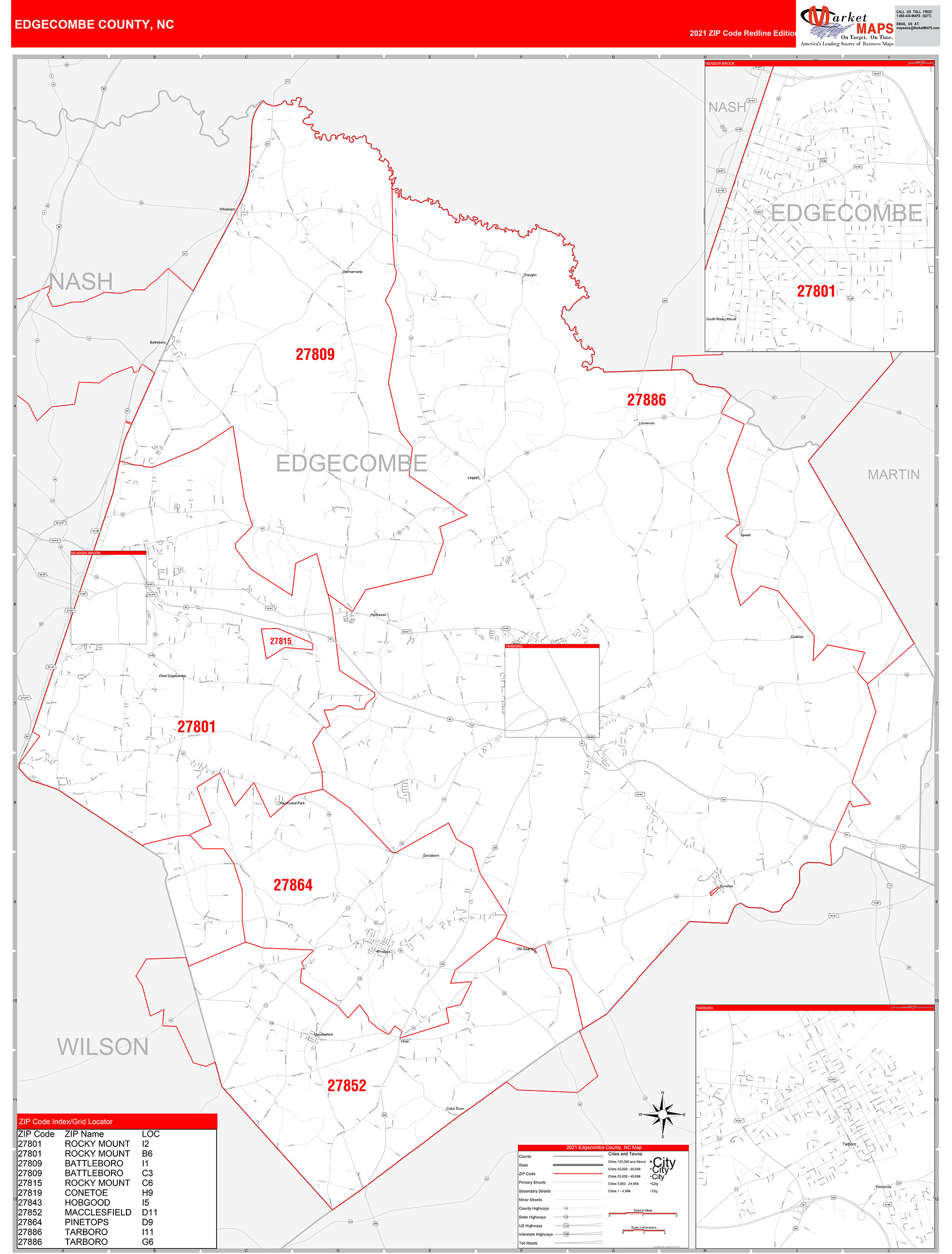 County, NC Zip Code Wall Map Red Line Style by MarketMAPS
