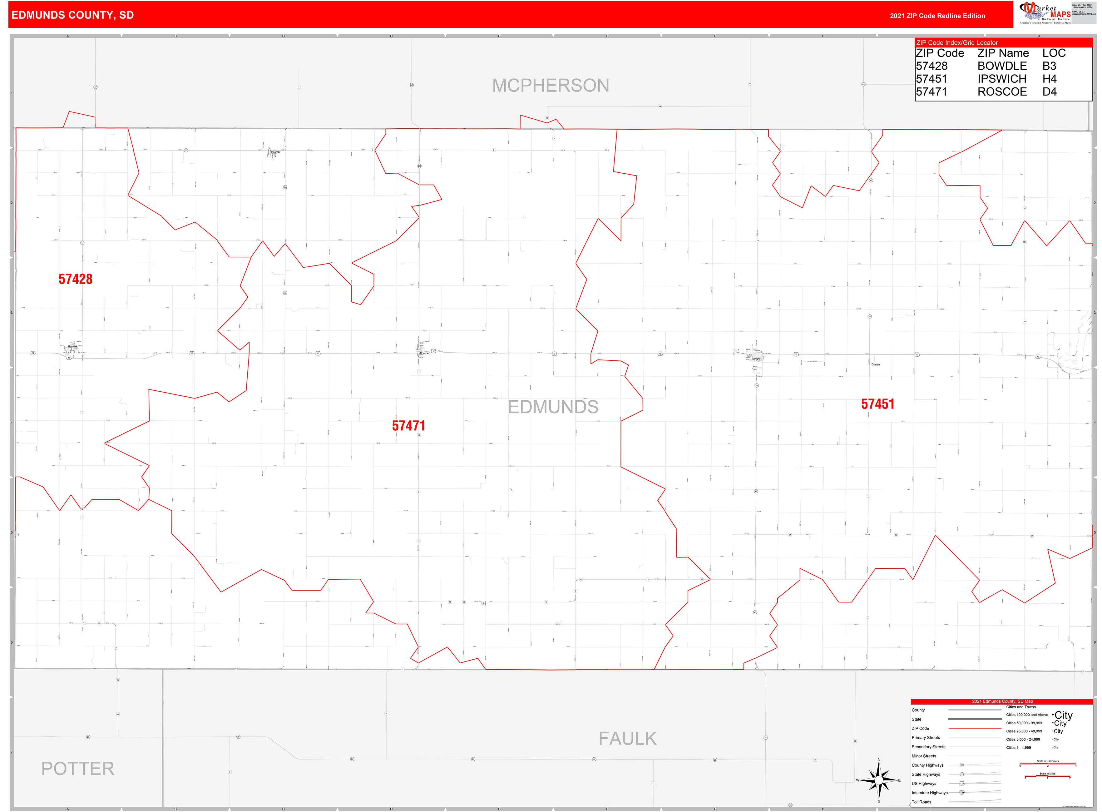 Edmunds County, SD Zip Code Wall Map Red Line Style by MarketMAPS