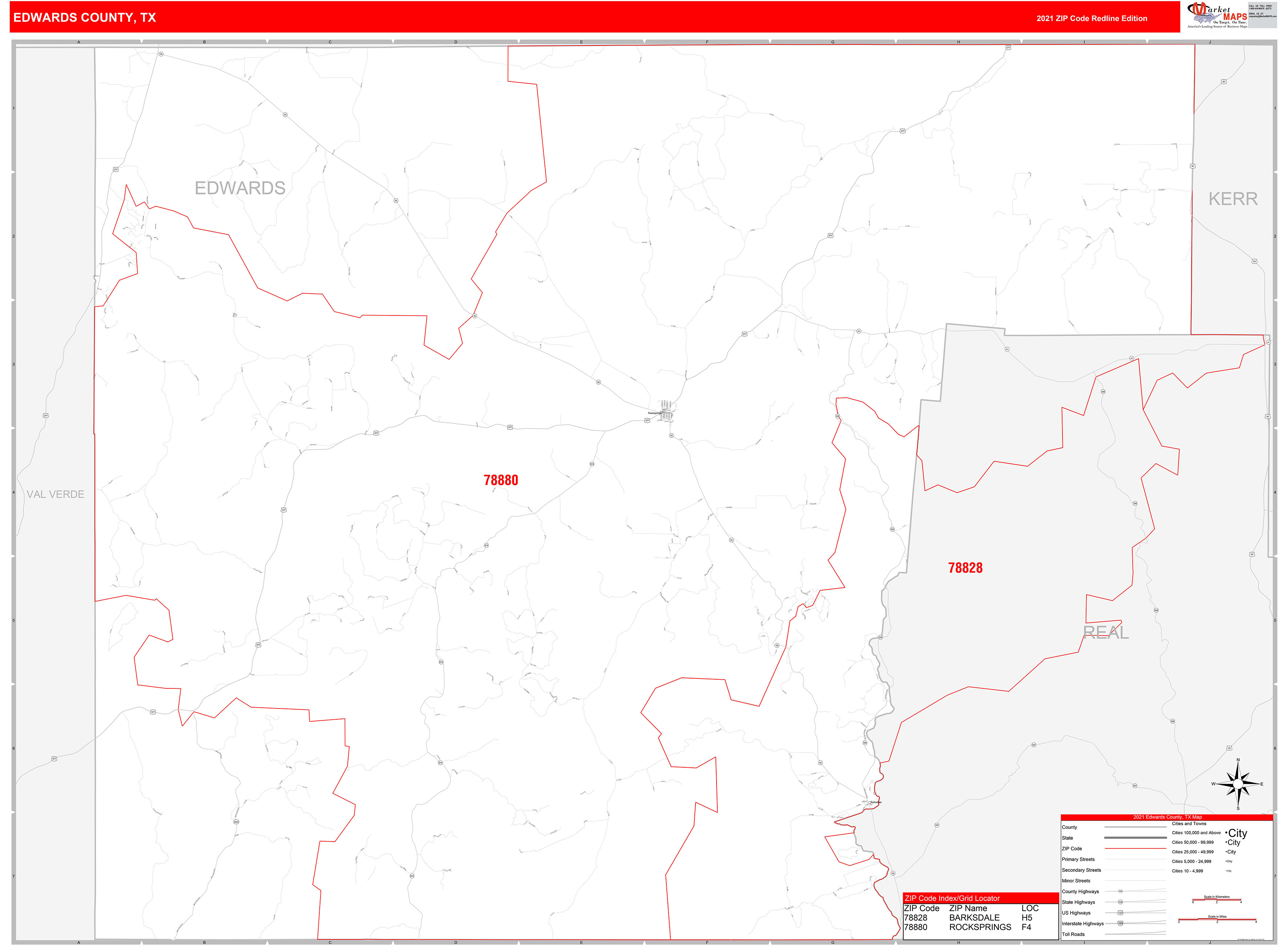 Edwards County, TX Zip Code Wall Map Red Line Style by MarketMAPS
