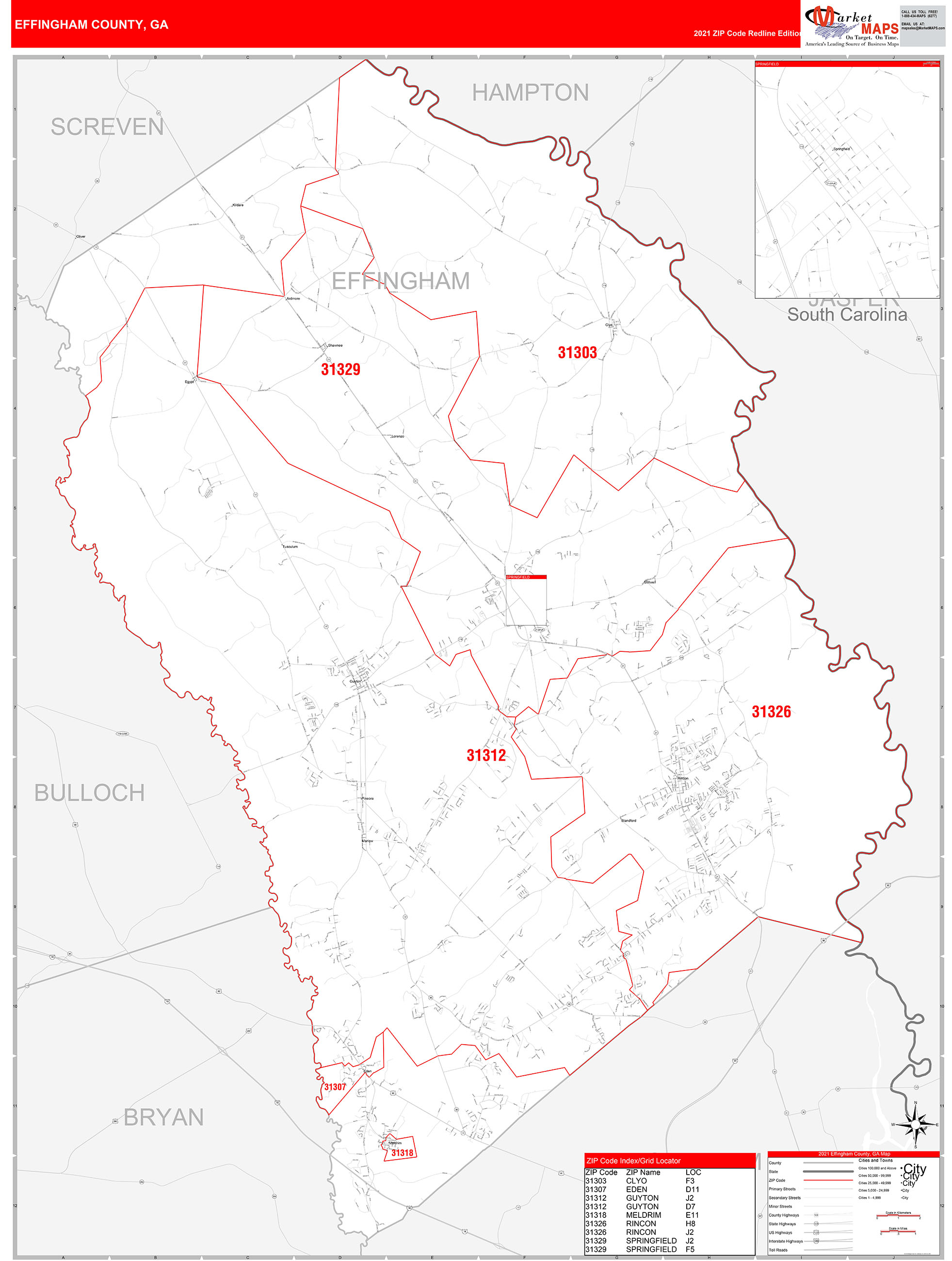 Effingham County, GA Zip Code Wall Map Red Line Style by MarketMAPS