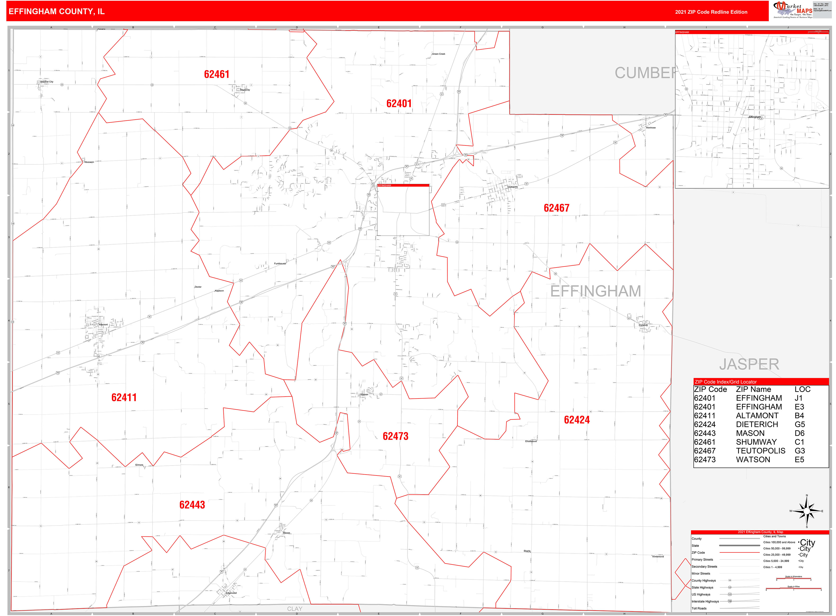 Effingham County, IL Zip Code Wall Map Red Line Style by MarketMAPS