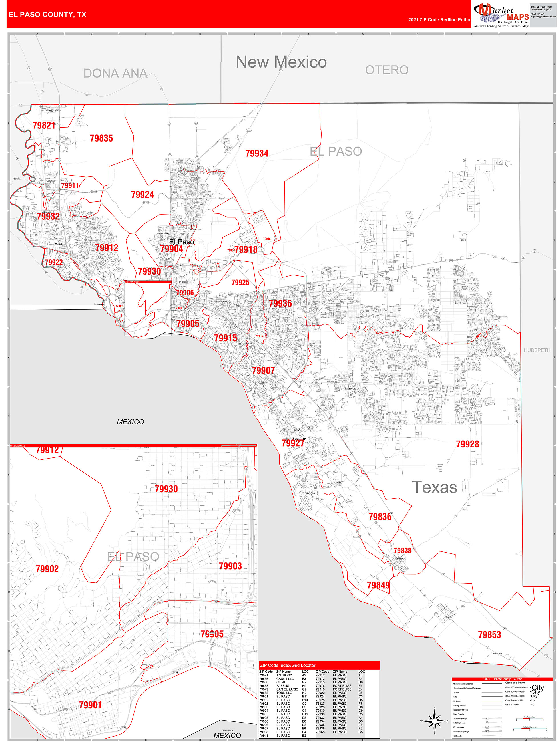 El Paso County Tx Zip Code Wall Map Red Line Style By Marketmaps