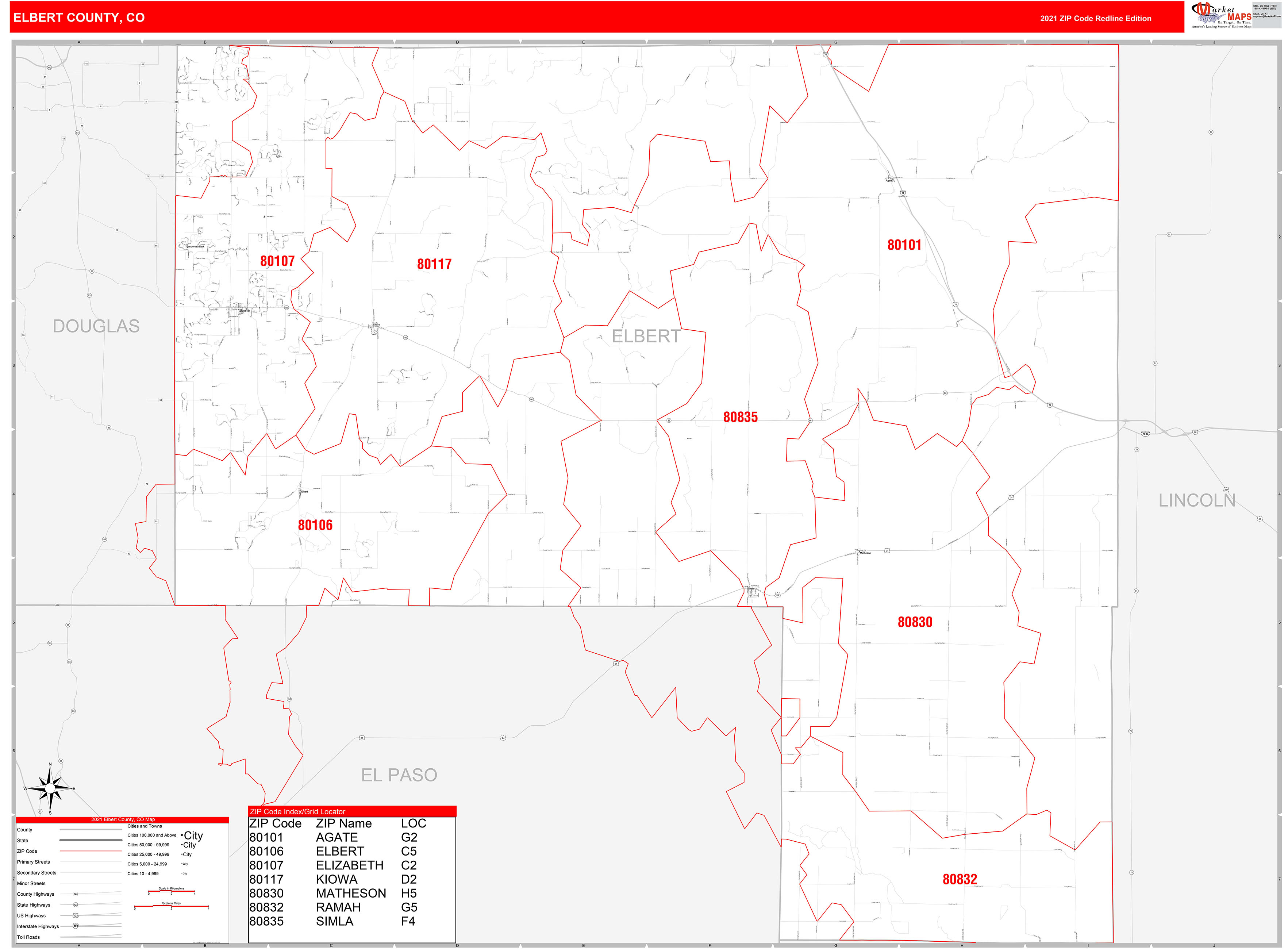 Elbert County, CO Zip Code Wall Map Red Line Style by MarketMAPS MapSales