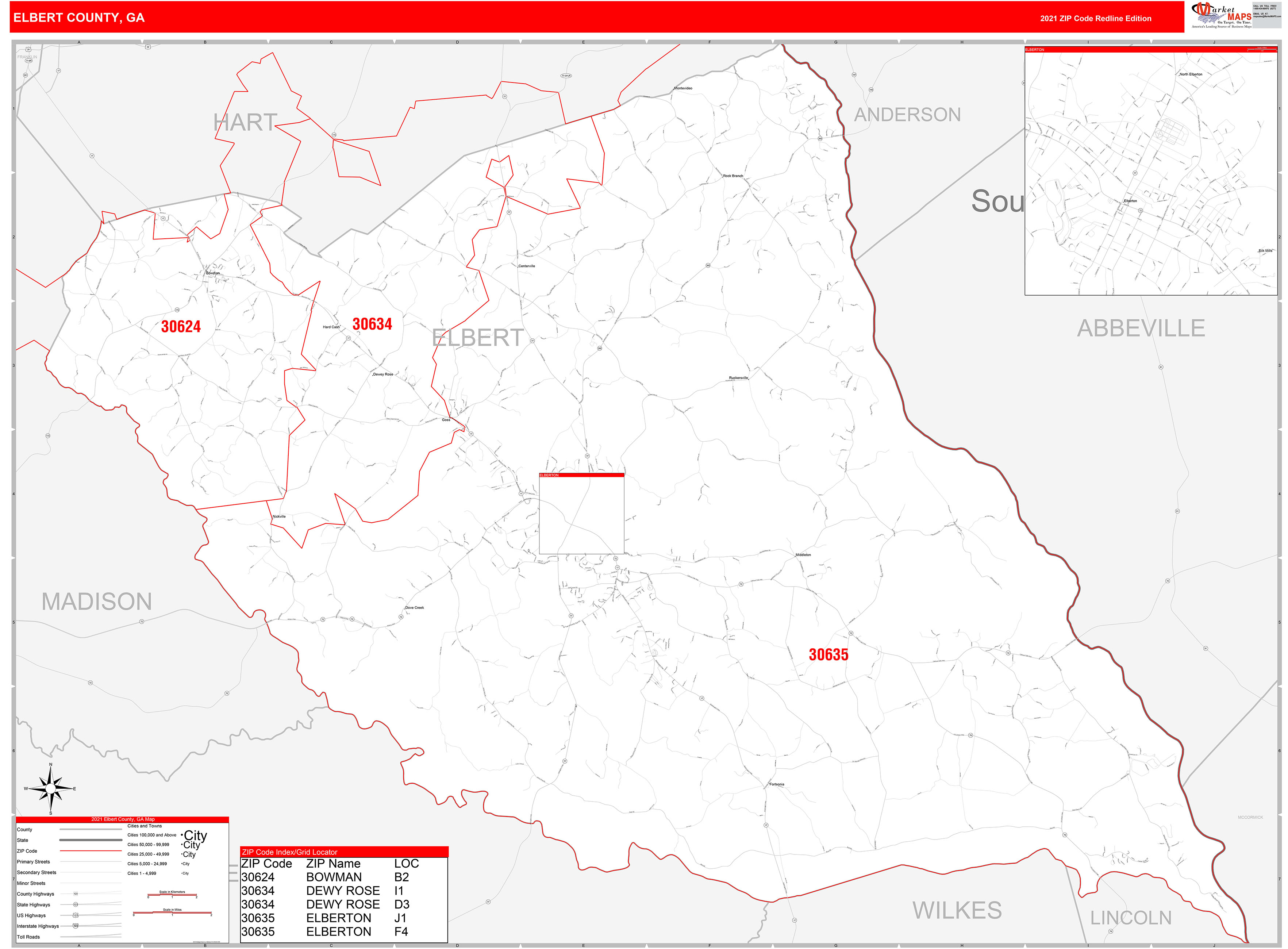 Elbert County, GA Zip Code Wall Map Red Line Style by MarketMAPS MapSales