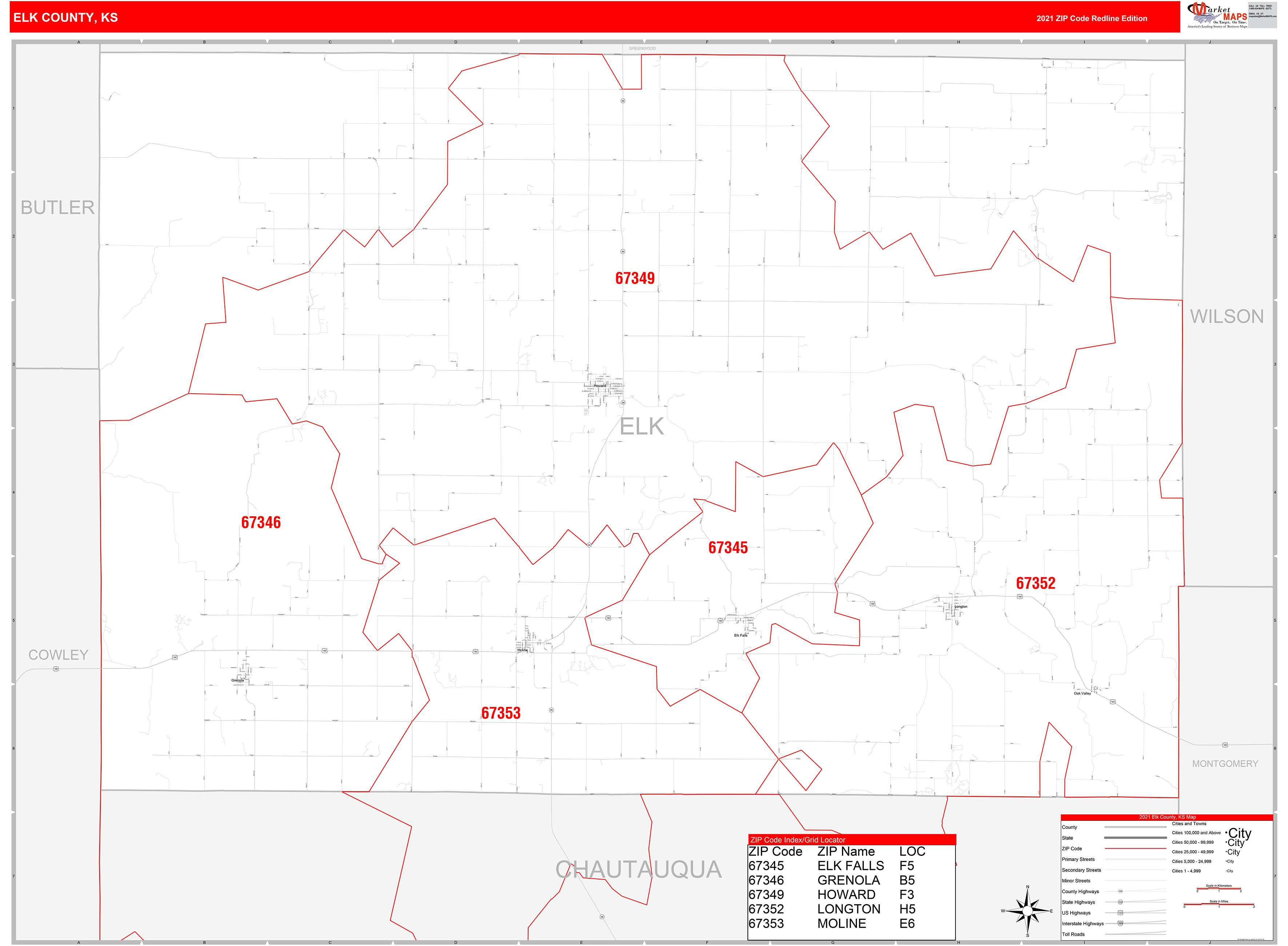 Elk County, KS Zip Code Wall Map Red Line Style by MarketMAPS MapSales