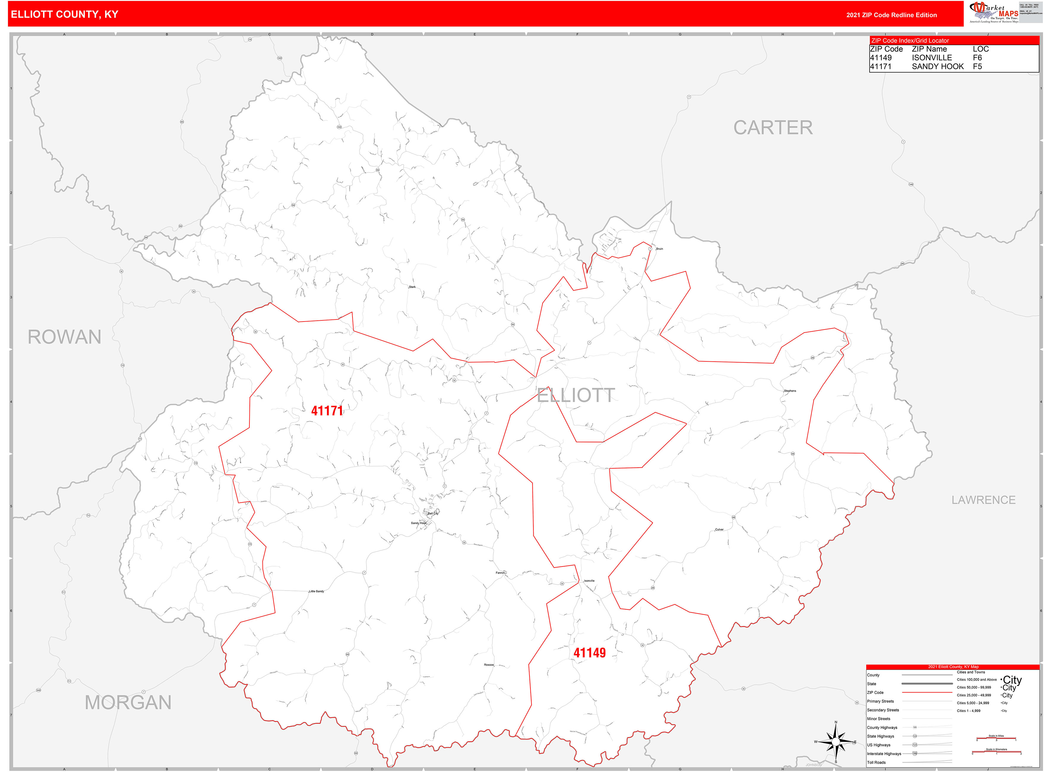 Elliott County, KY Zip Code Wall Map Red Line Style by MarketMAPS