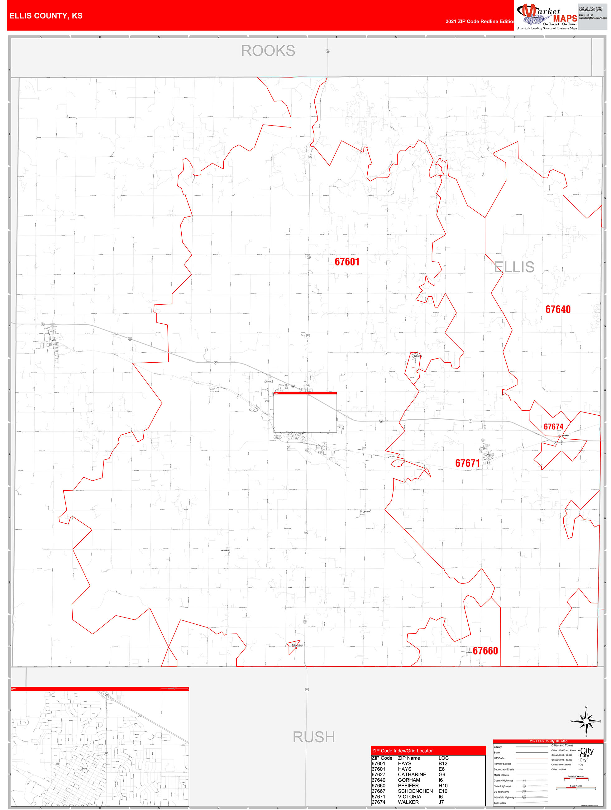 Ellis County, KS Zip Code Wall Map Red Line Style by MarketMAPS MapSales