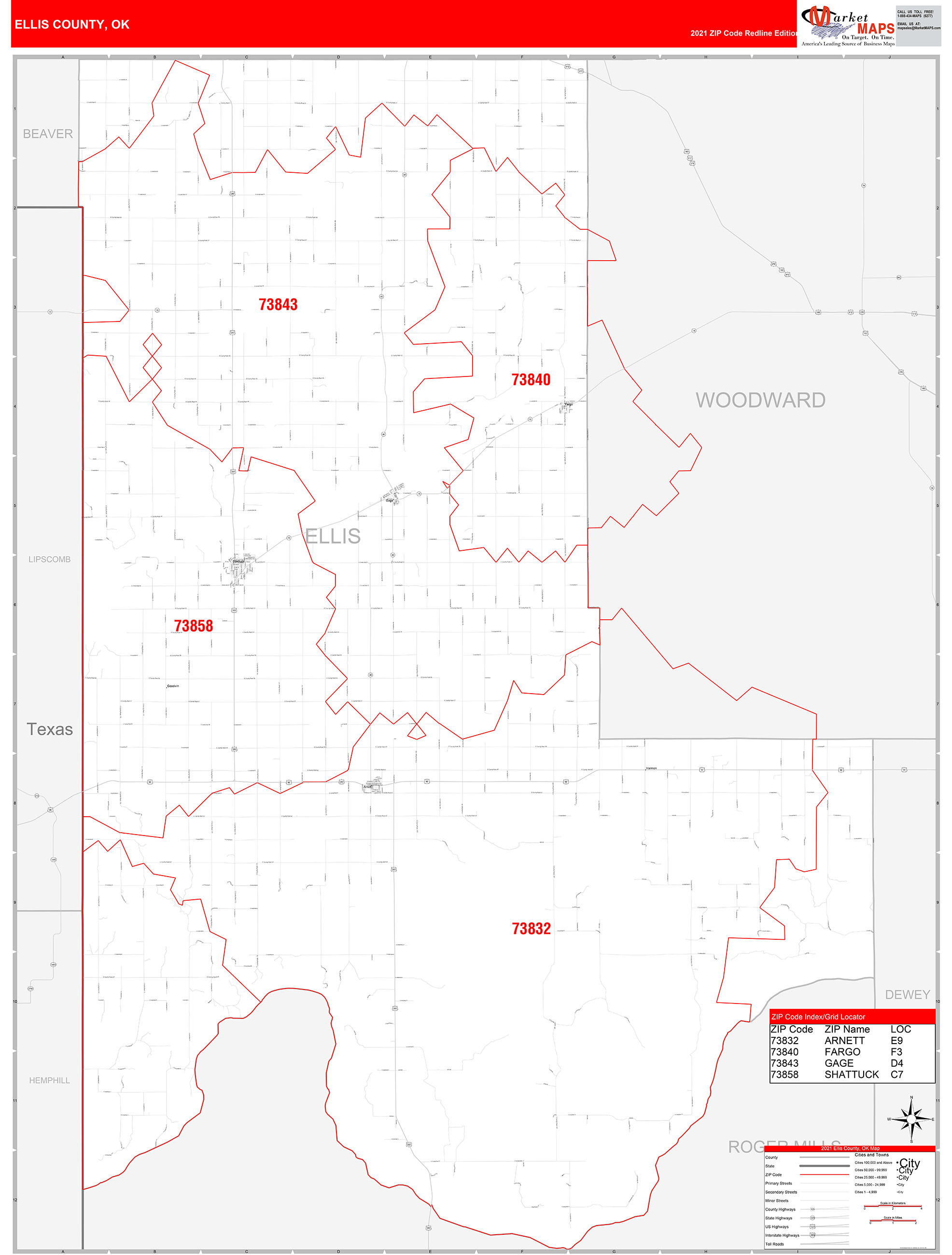 Ellis County, OK Zip Code Wall Map Red Line Style by MarketMAPS
