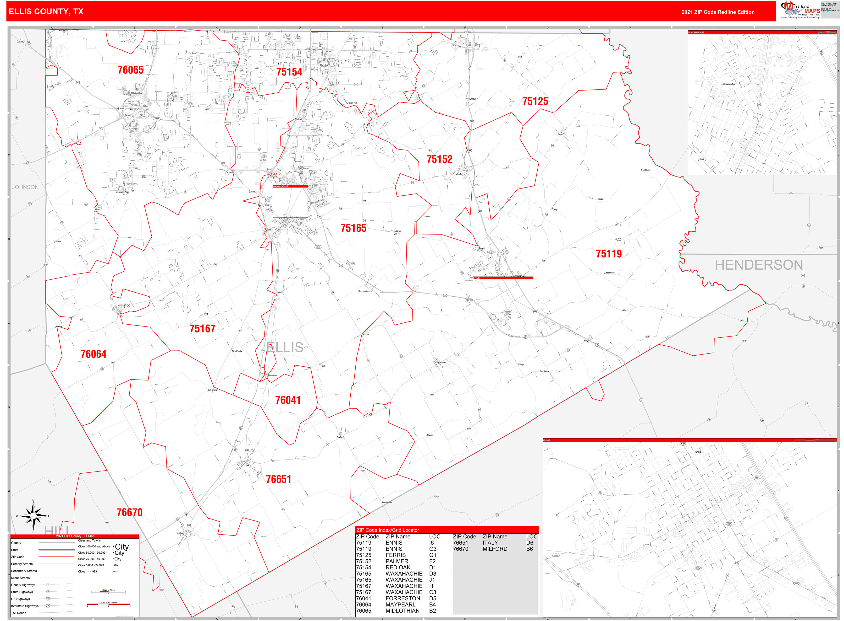 Ellis County, TX Zip Code Wall Map Red Line Style by MarketMAPS MapSales
