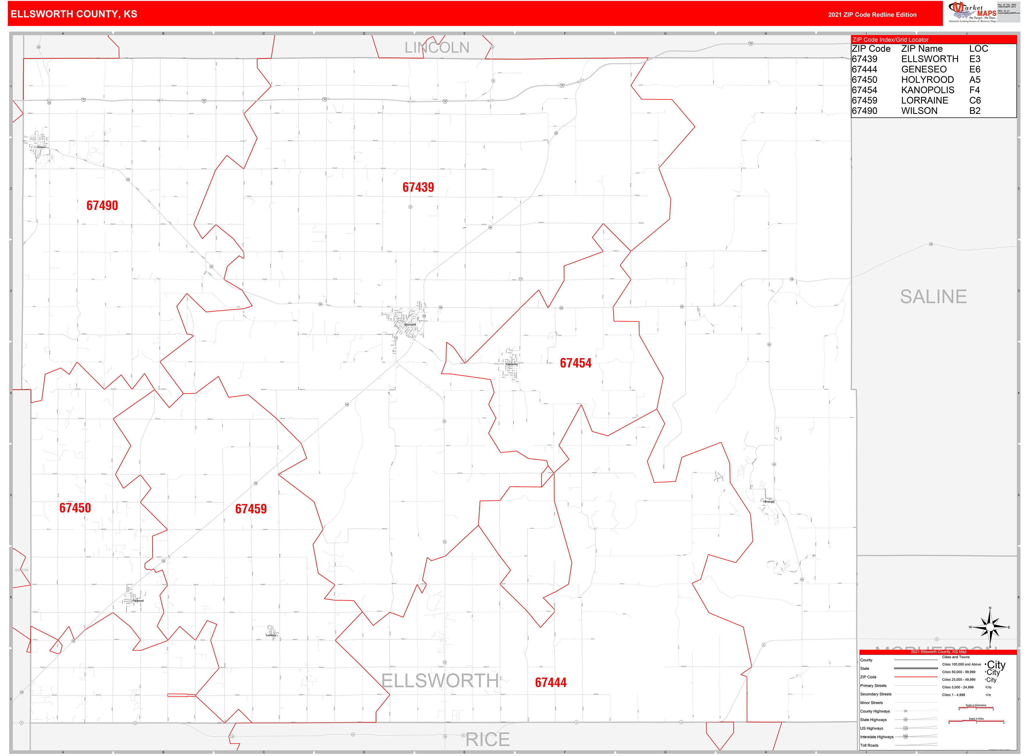 Ellsworth County, KS Zip Code Wall Map Red Line Style by MarketMAPS