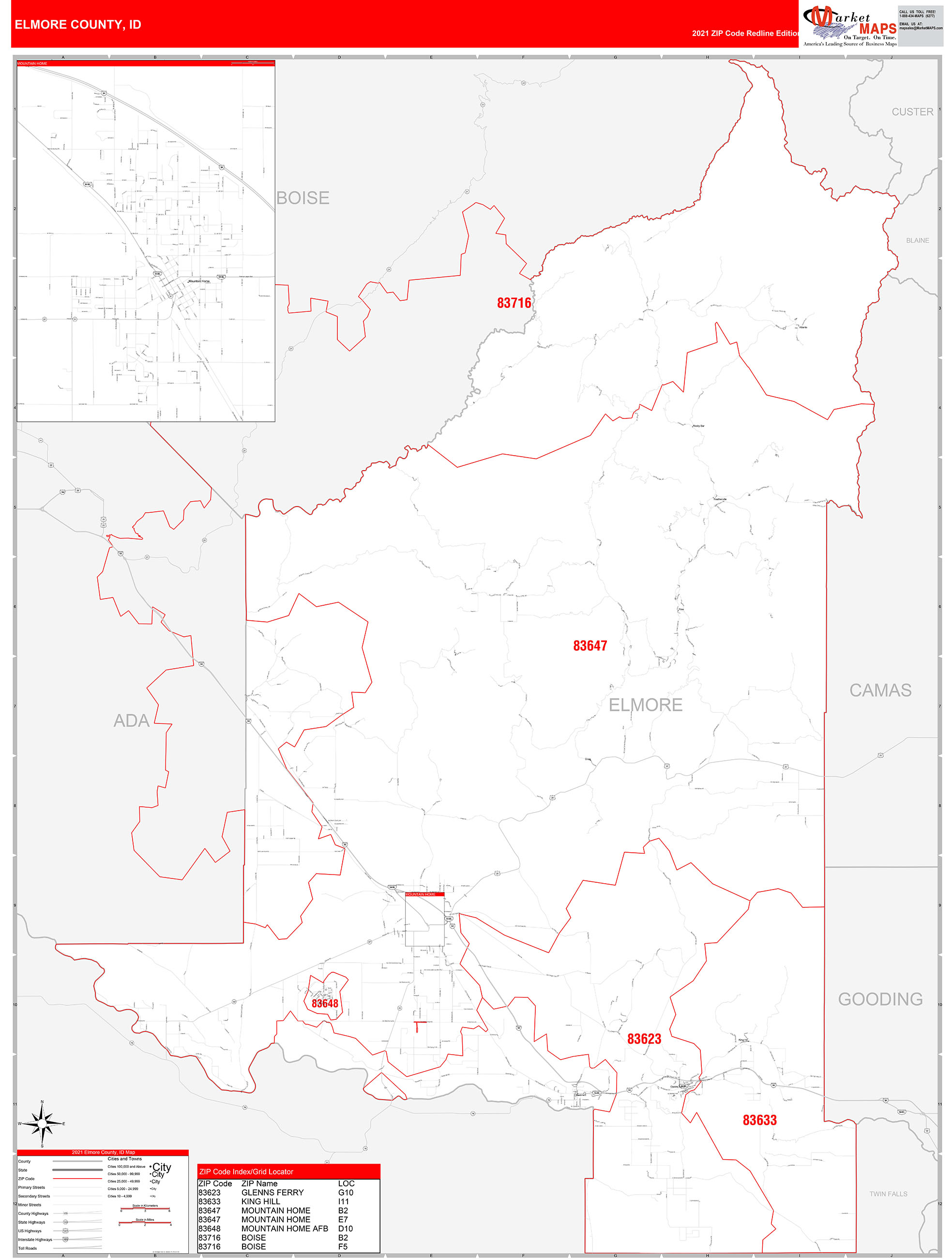 Elmore County, ID Zip Code Wall Map Red Line Style by MarketMAPS MapSales