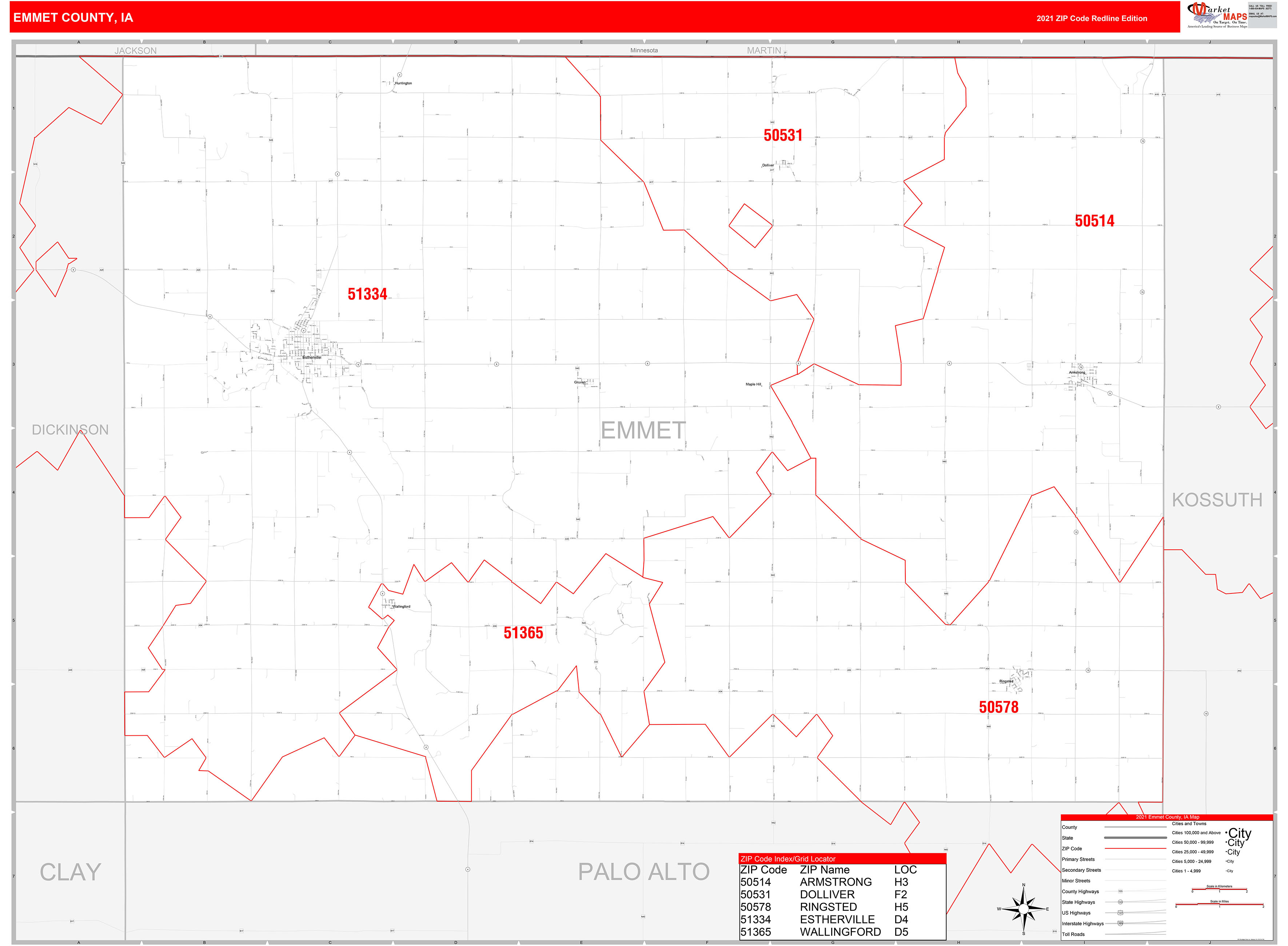Emmet County, IA Zip Code Wall Map Red Line Style by MarketMAPS