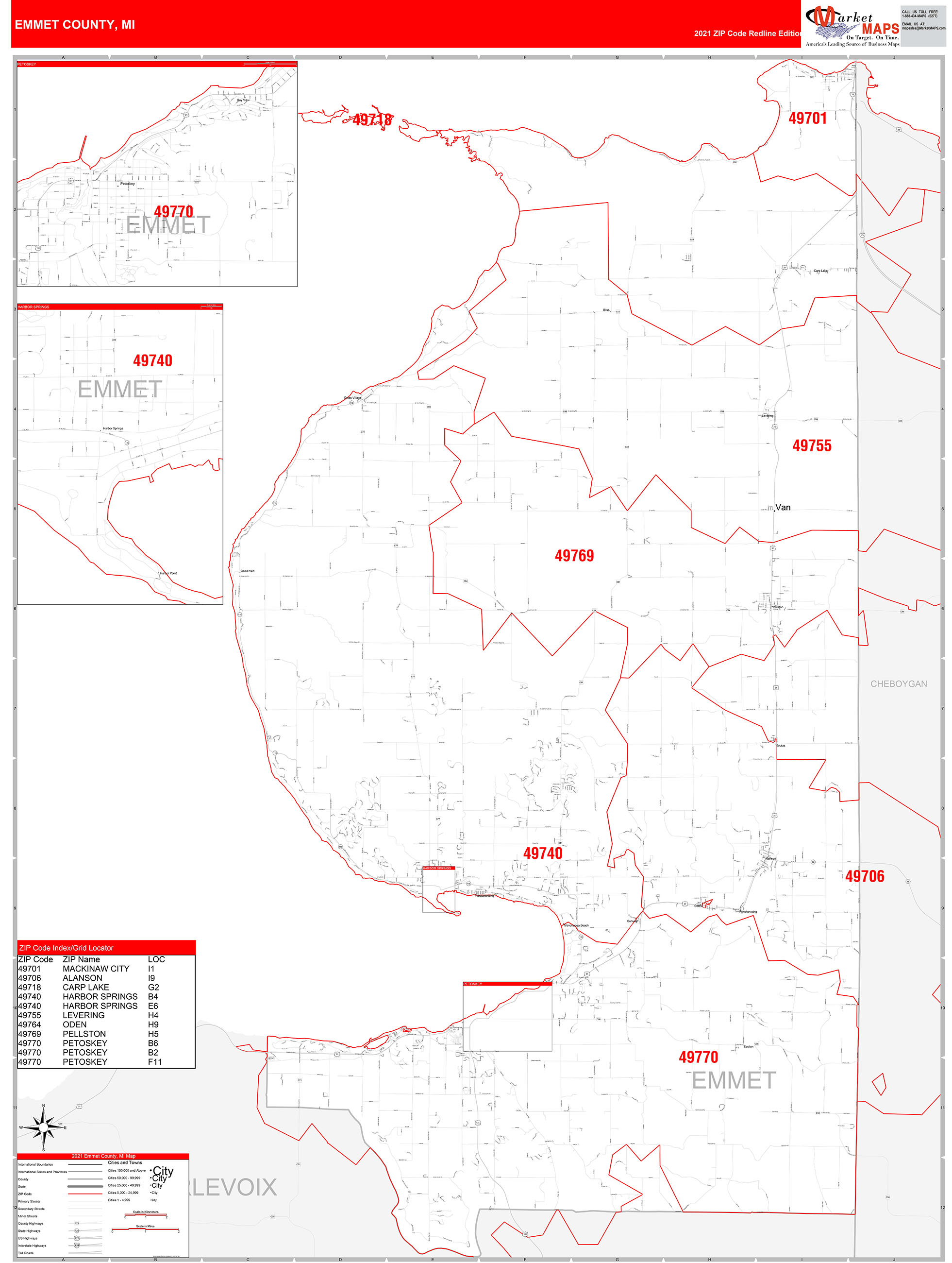 Emmet County, MI Zip Code Wall Map Red Line Style by MarketMAPS MapSales