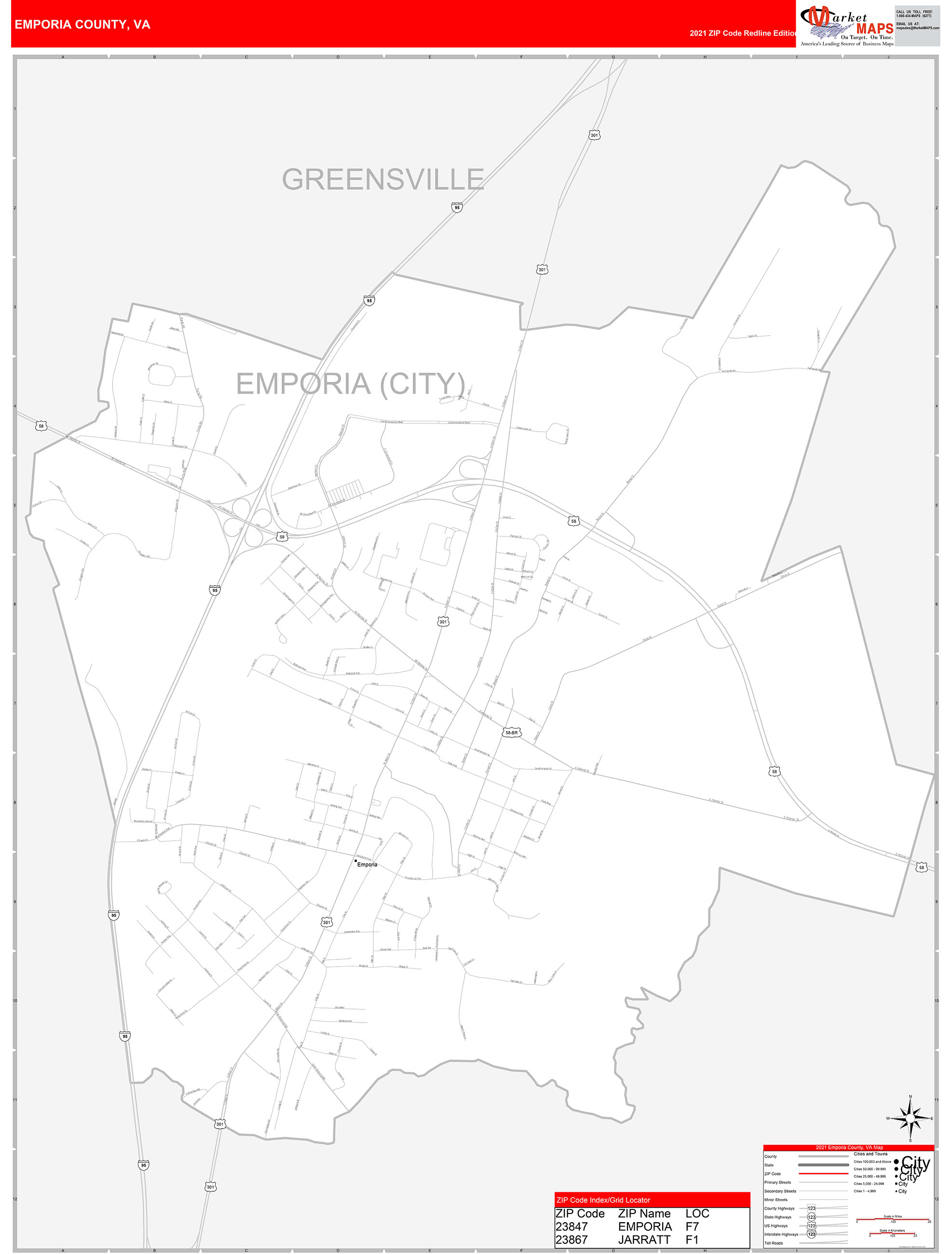 Emporia County, VA Zip Code Wall Map Red Line Style by MarketMAPS