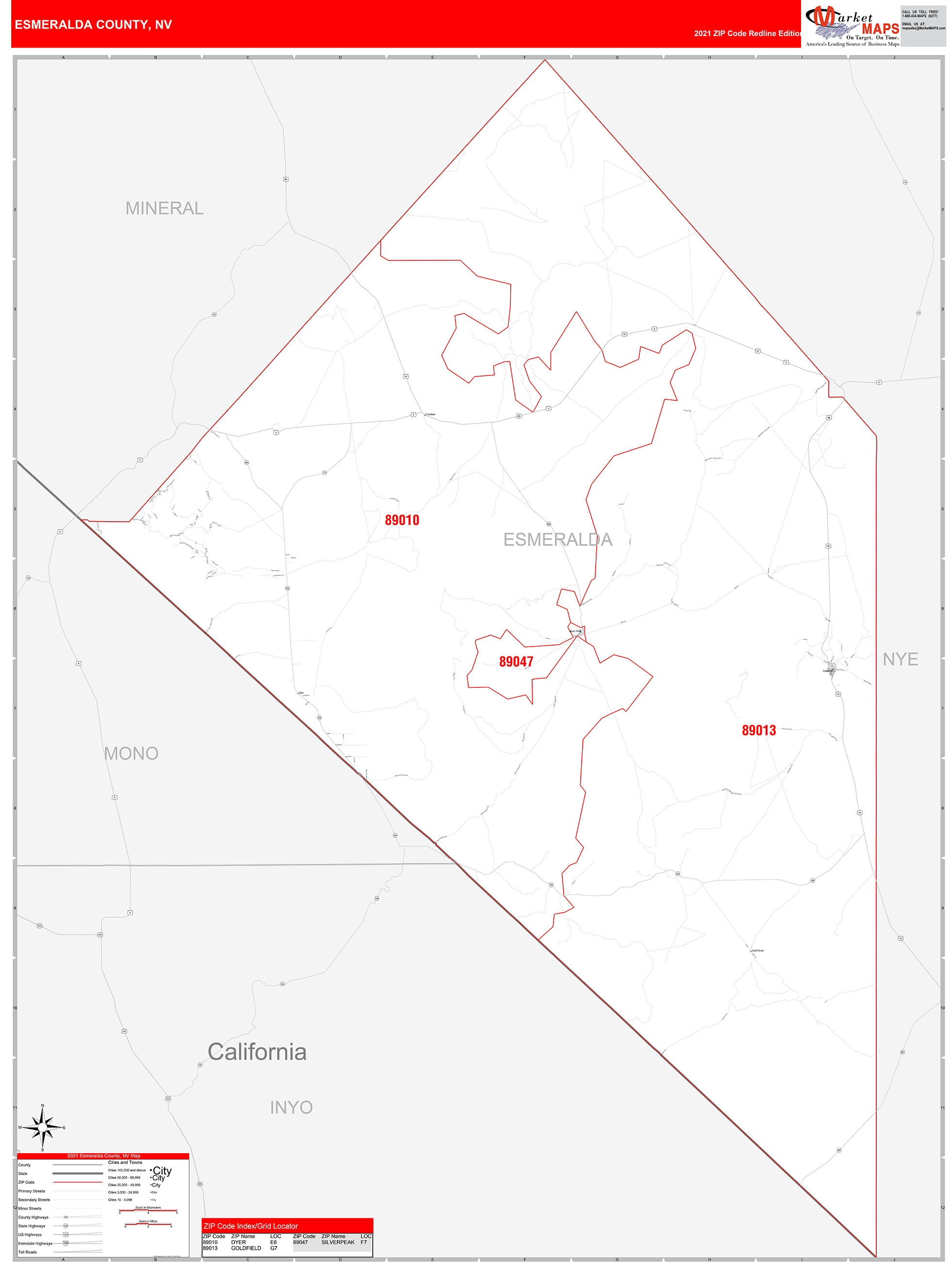 Esmeralda County, NV Zip Code Wall Map Red Line Style by MarketMAPS