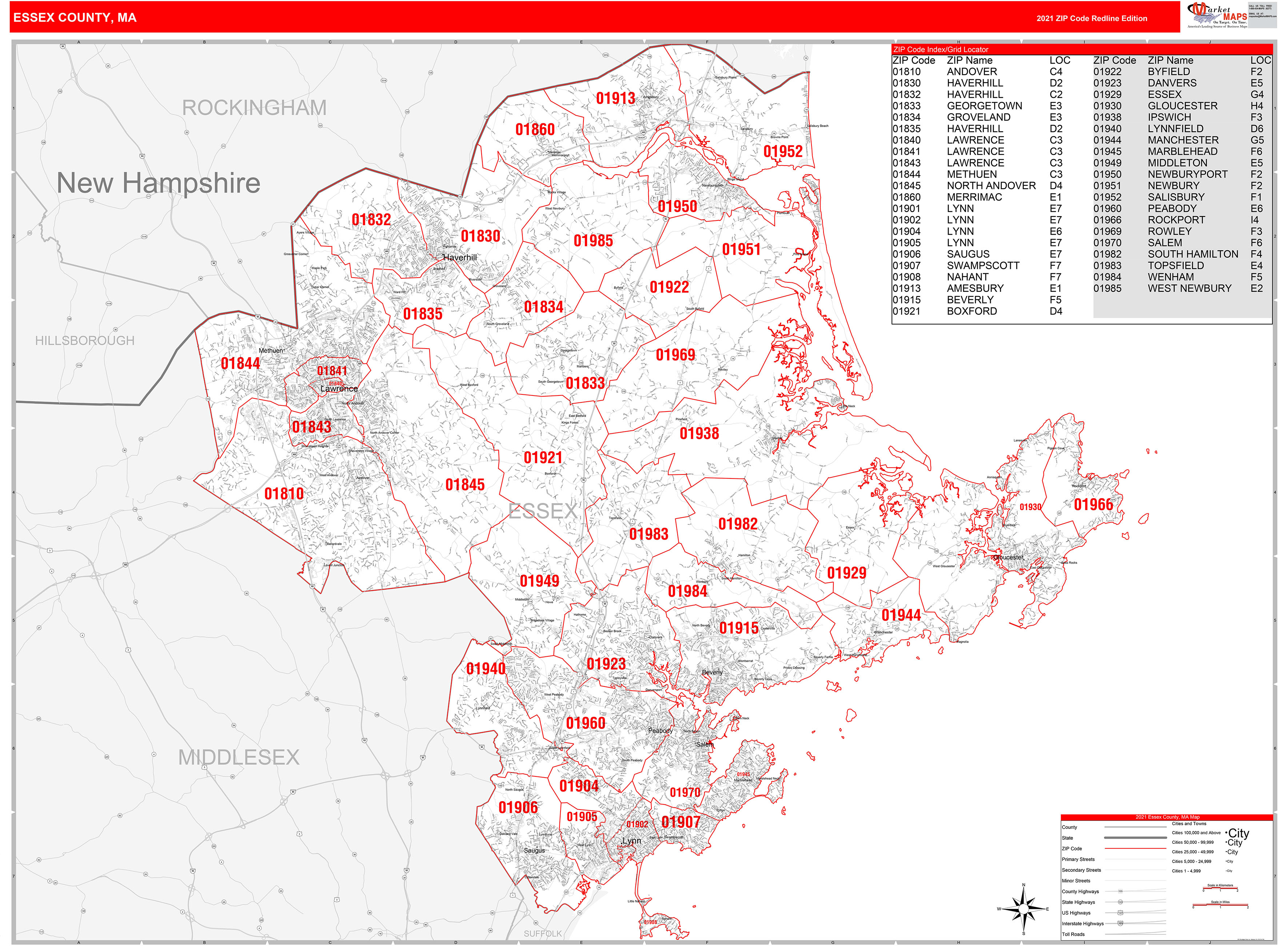 Essex County Ma Zip Code Wall Map Red Line Style By Marketmaps