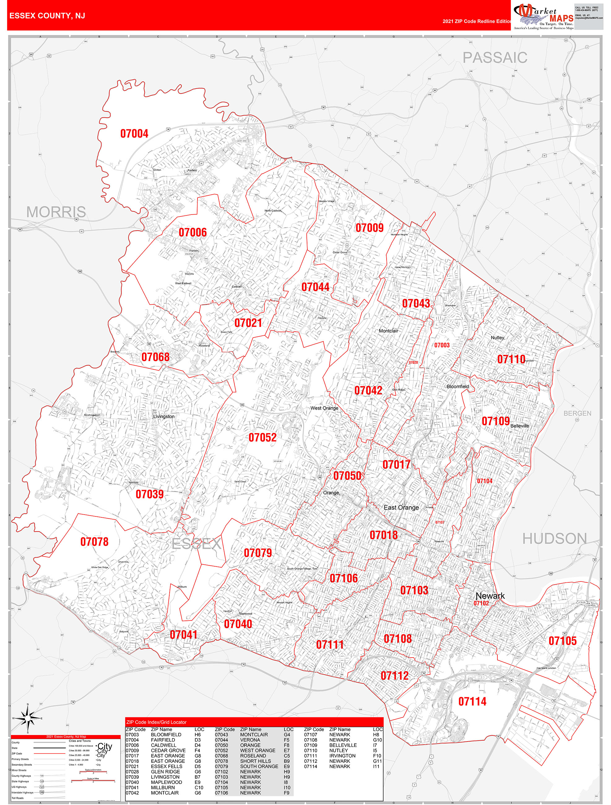 Essex County, NJ Zip Code Wall Map Red Line Style by MarketMAPS MapSales