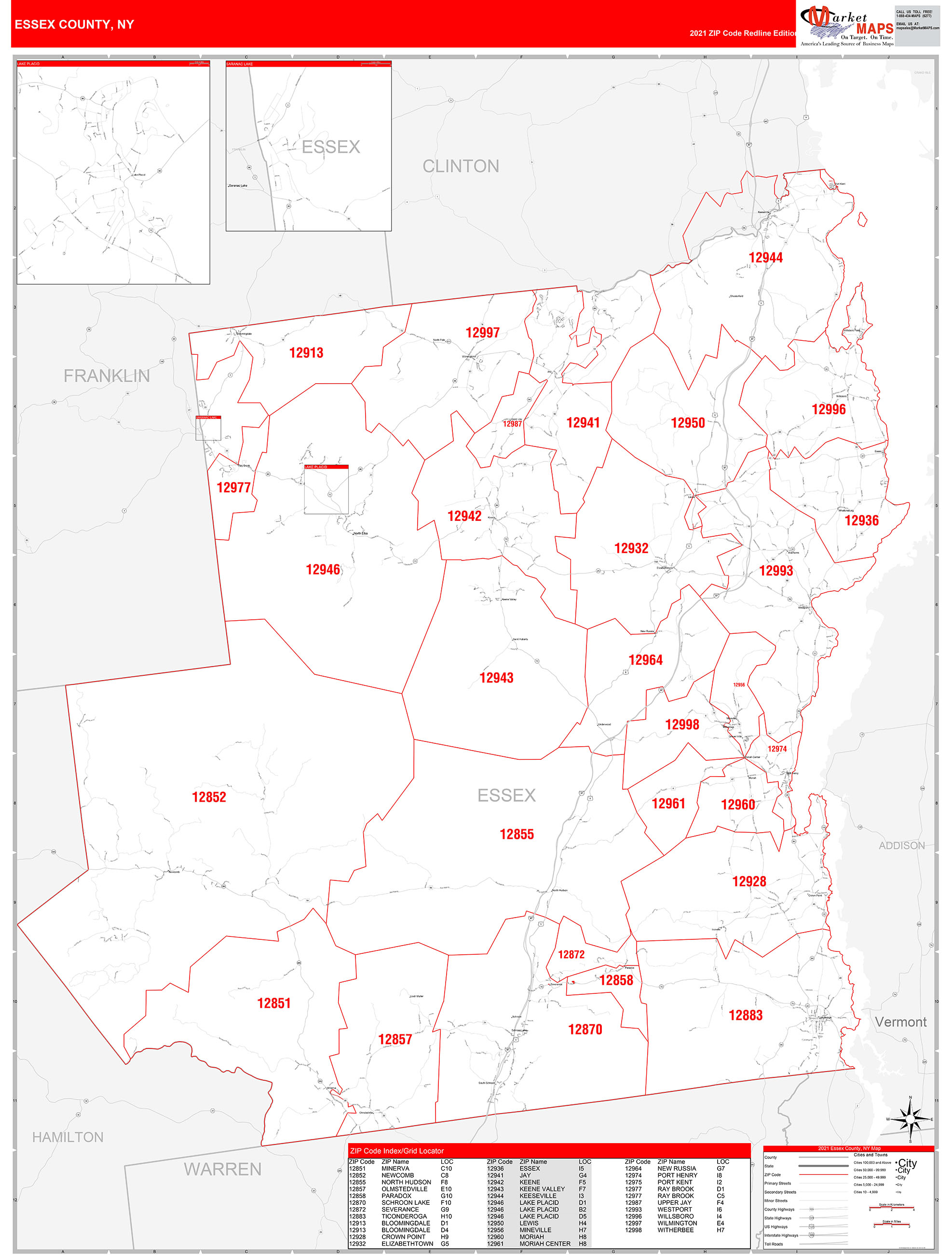 Essex County, NY Zip Code Wall Map Red Line Style by MarketMAPS