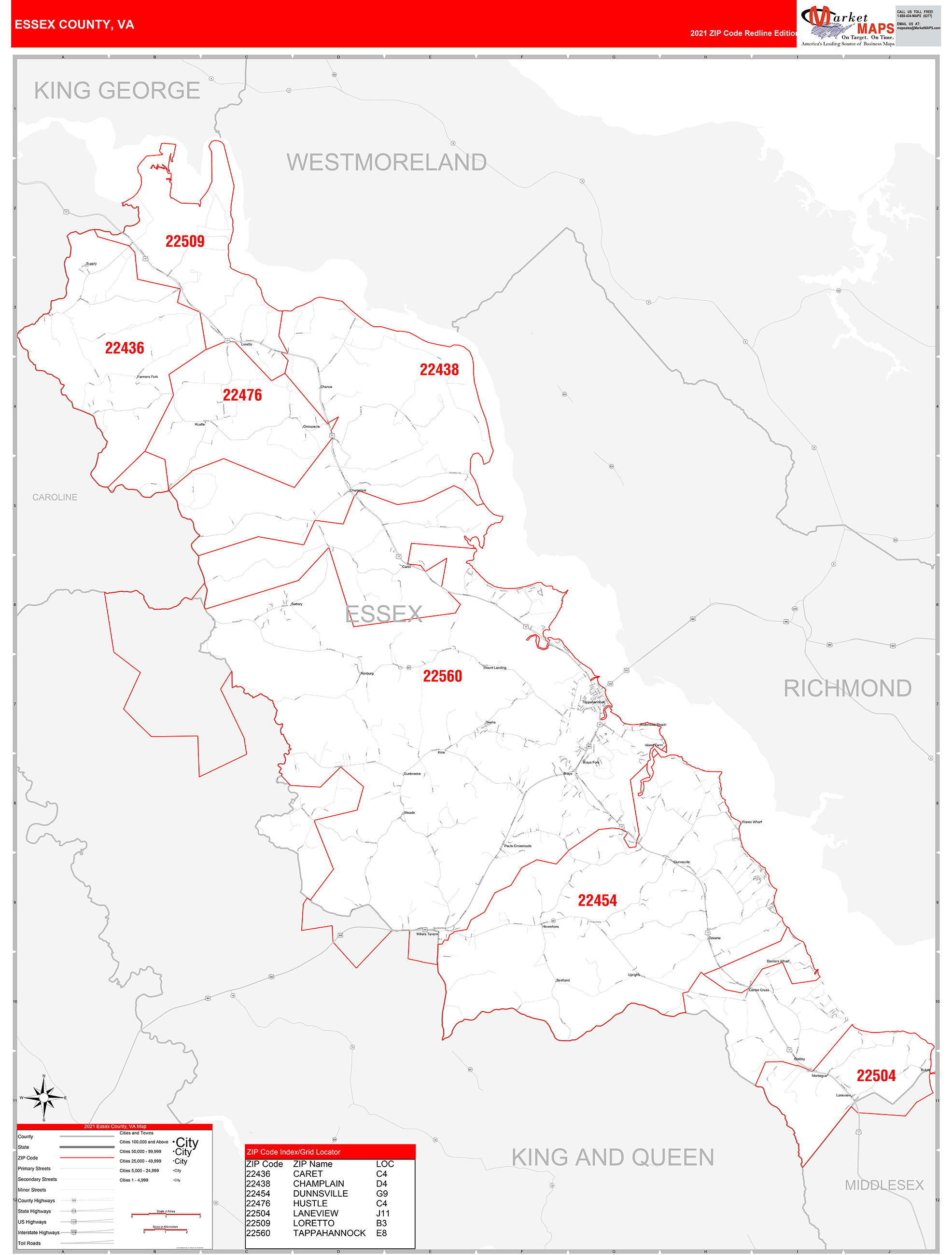 Essex County, VA Zip Code Wall Map Red Line Style by MarketMAPS