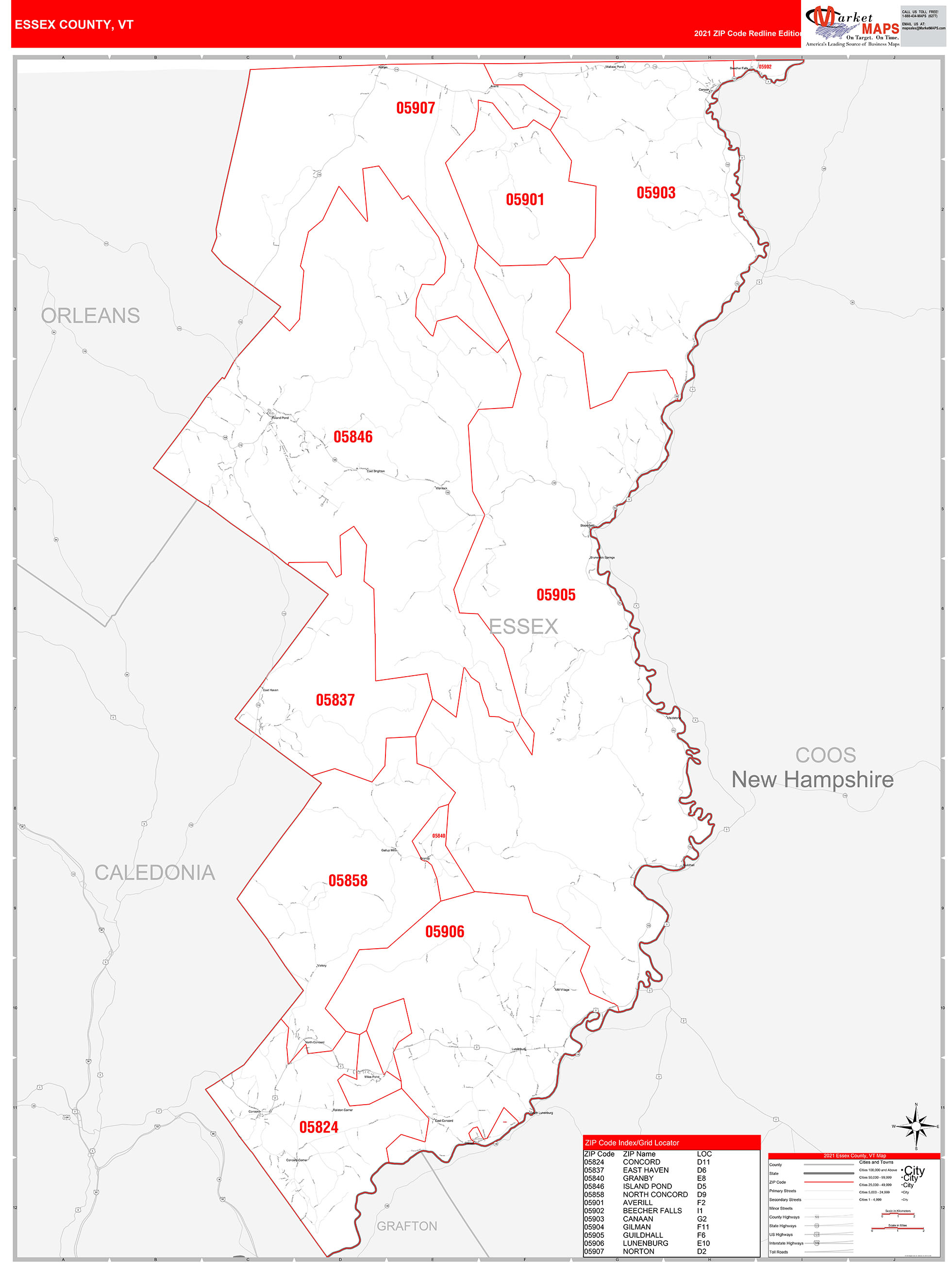 Essex County, VT Zip Code Wall Map Red Line Style by MarketMAPS